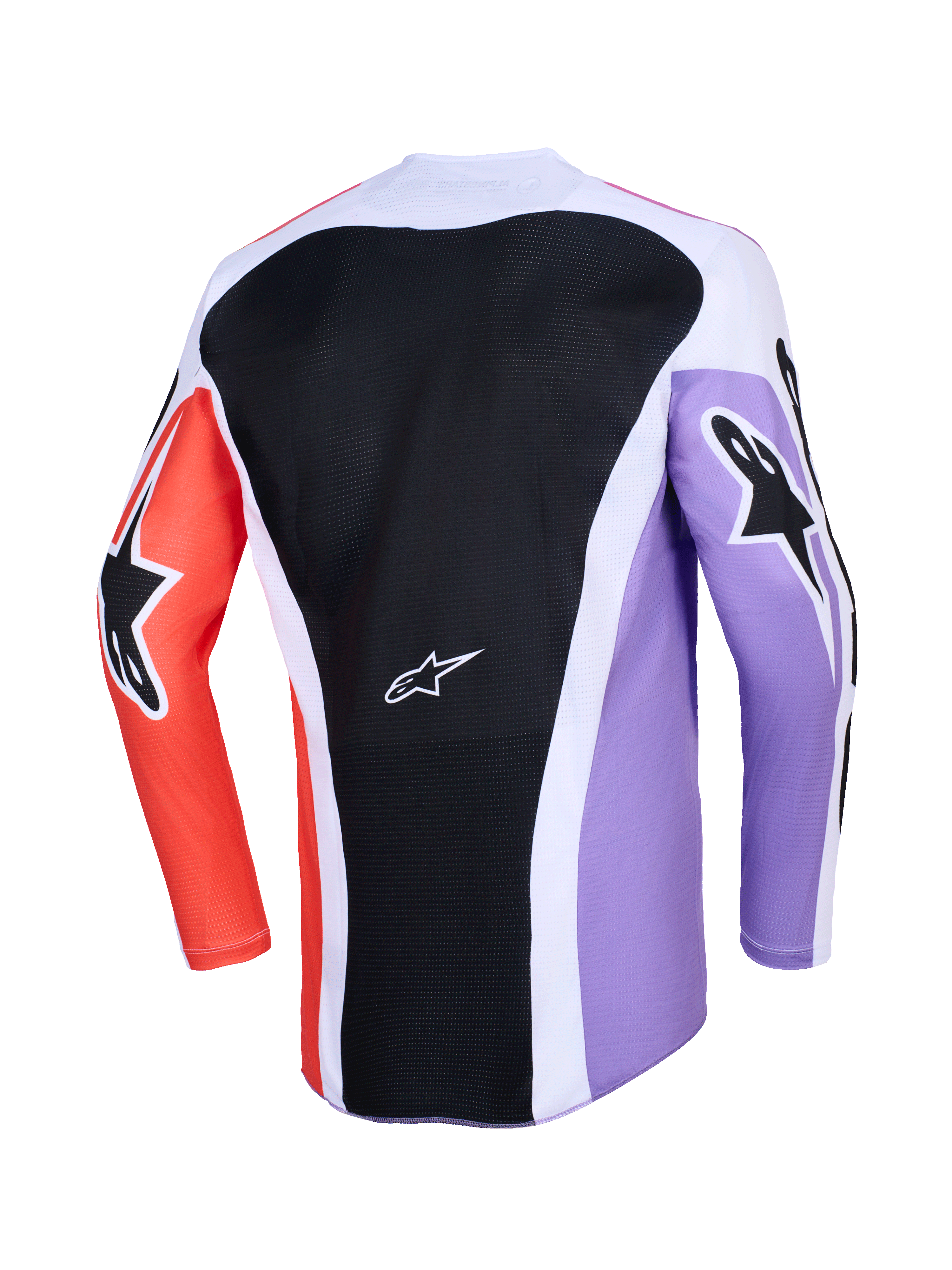 Alpinestars 2026 Racer Air Portl Jersey, vista posteriore della maglia da motocross a maniche lunghe, design multicolore con pannello posteriore in mesh nero, maniche viola e arancioni con loghi a stella neri, accenti bianchi e costruzione traspirante per la guida off-road.