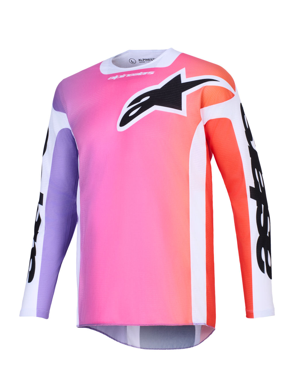 Alpinestars 2026 Racer Air Portl Jersey, maglia da motocross, sfumatura multicolore con rosa, viola e arancione, grande logo Astars nero sul petto, pannelli laterali bianchi, tessuto in mesh traspirante con maniche lunghe e taglio posteriore allungato.