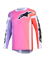 Alpinestars 2026 Racer Air Portl Jersey, maglia da motocross, sfumatura multicolore con rosa, viola e arancione, grande logo Astars nero sul petto, pannelli laterali bianchi, tessuto in mesh traspirante con maniche lunghe e taglio posteriore allungato.