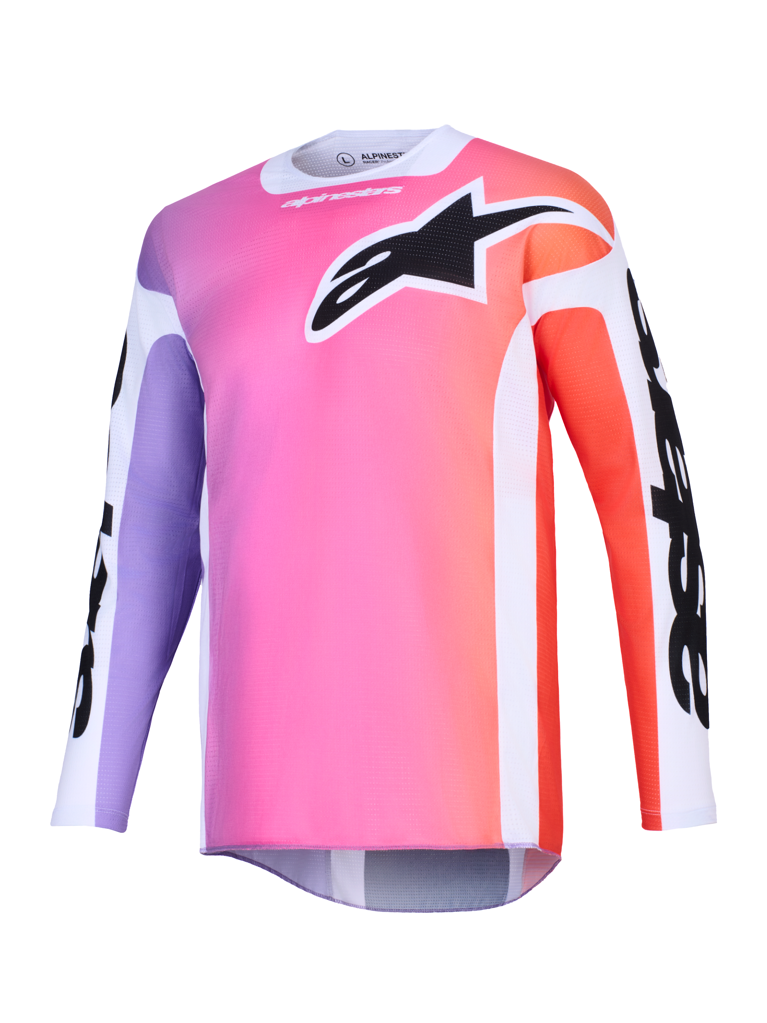 Alpinestars 2026 Racer Air Portl Jersey, maglia da motocross, sfumatura multicolore con rosa, viola e arancione, grande logo Astars nero sul petto, pannelli laterali bianchi, tessuto in mesh traspirante con maniche lunghe e taglio posteriore allungato.