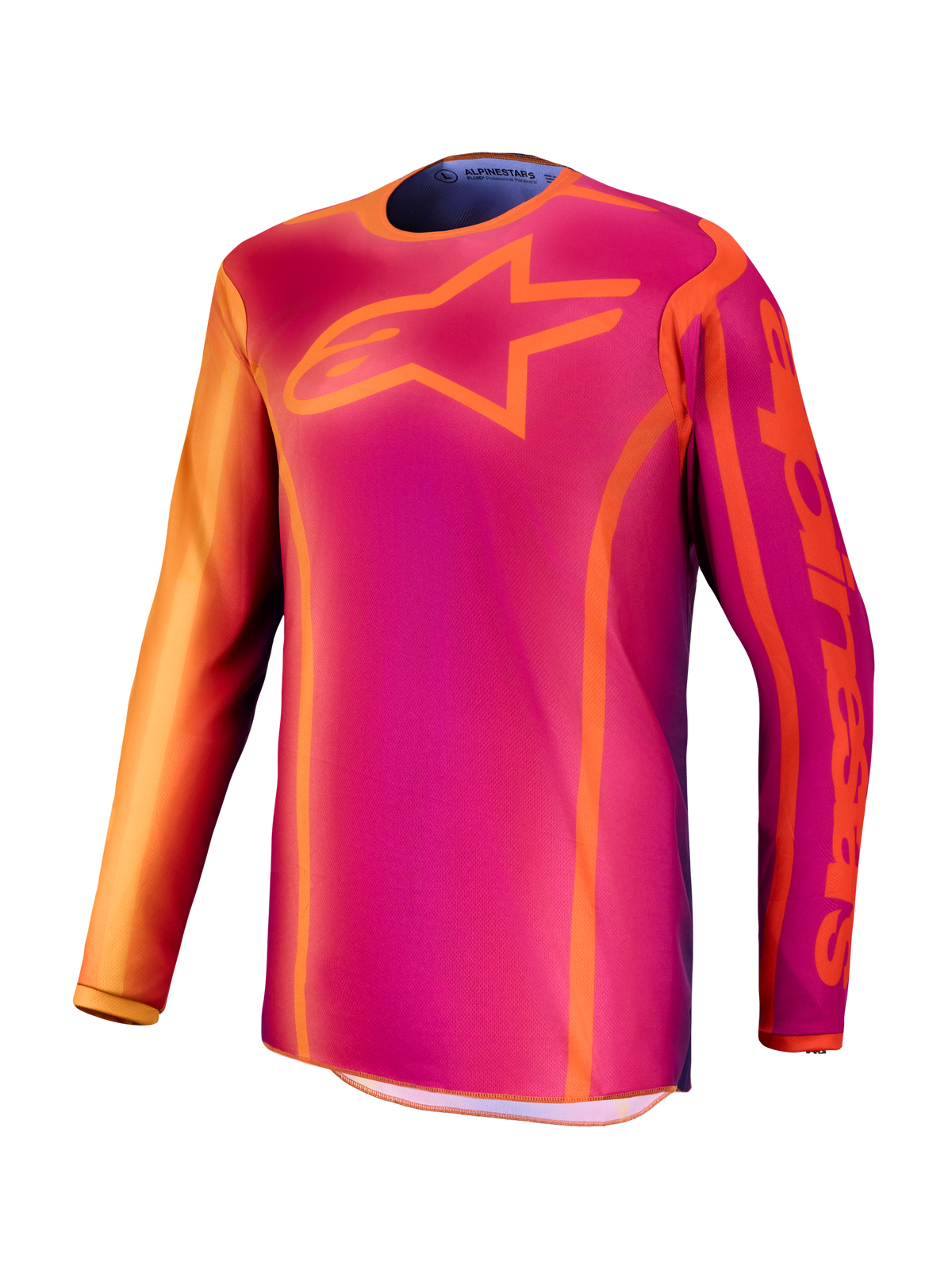 Alpinestars Fluid Kepler Jersey, purple and orange men's motocross top, moisture-wicking polyfabric construction.