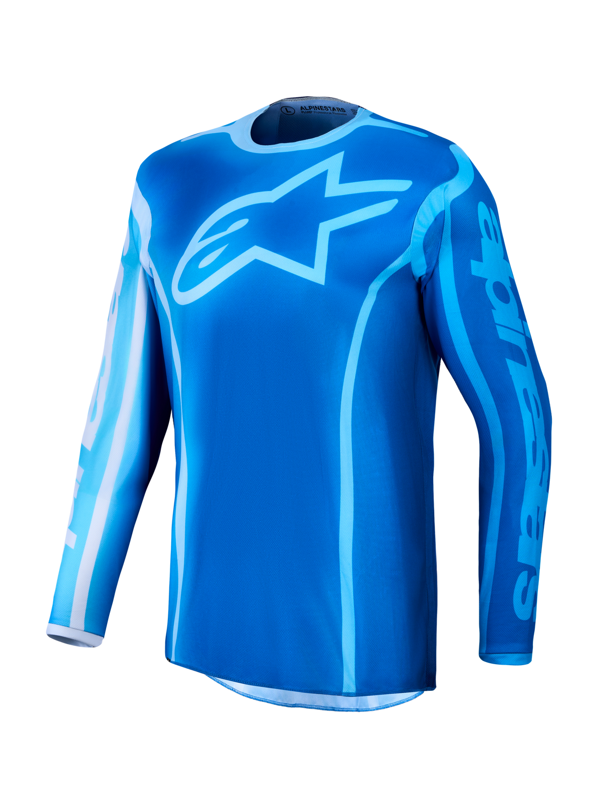 Alpinestars Fluid Kepler Jersey, Men's Motocross Racing Jersey in Ucla Blue and Blithe Blue, moisture-wicking polyfabric.
