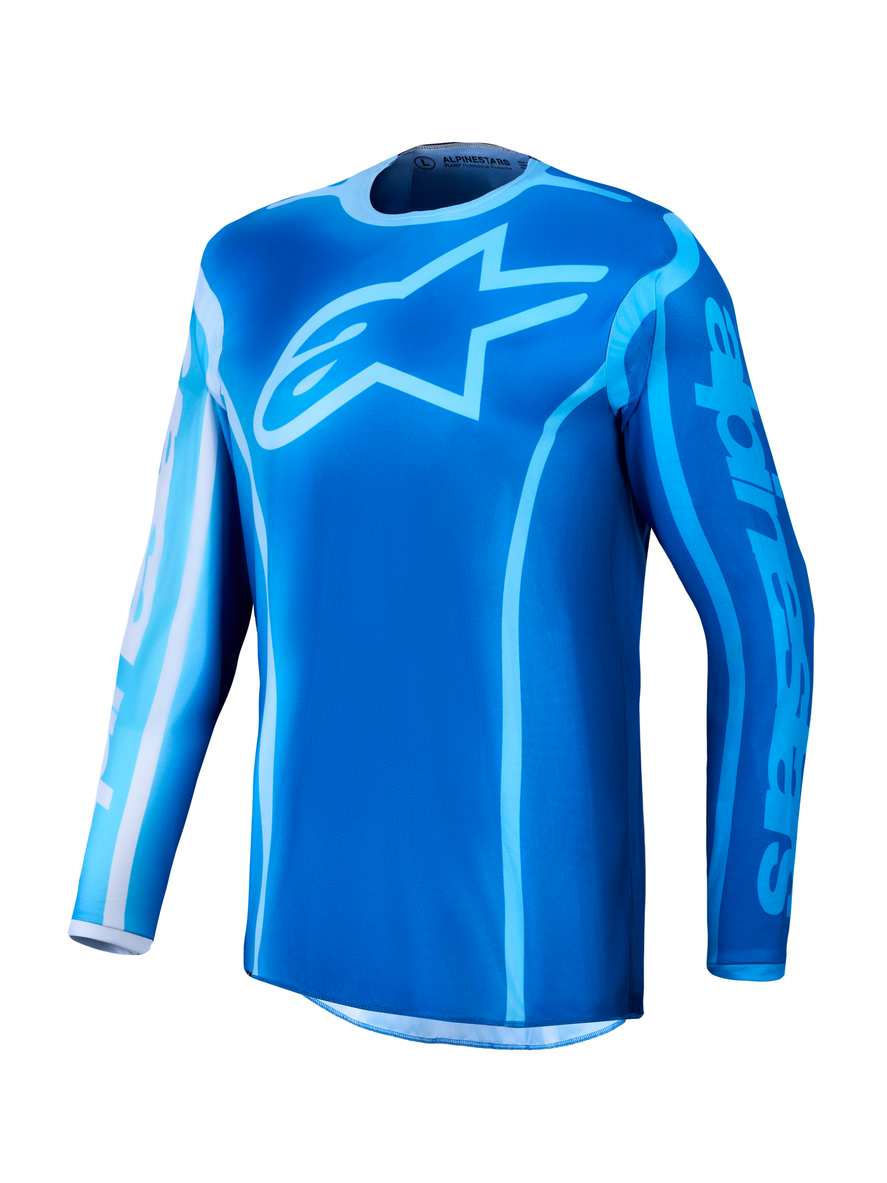 Alpinestars Maglia Fluid Kepler, maglia da motocross da uomo, blu UCLA e blu Blithe, in polifabric traspirante con logo Astars sul petto e grafica sportiva, abbigliamento off-road ad alte prestazioni