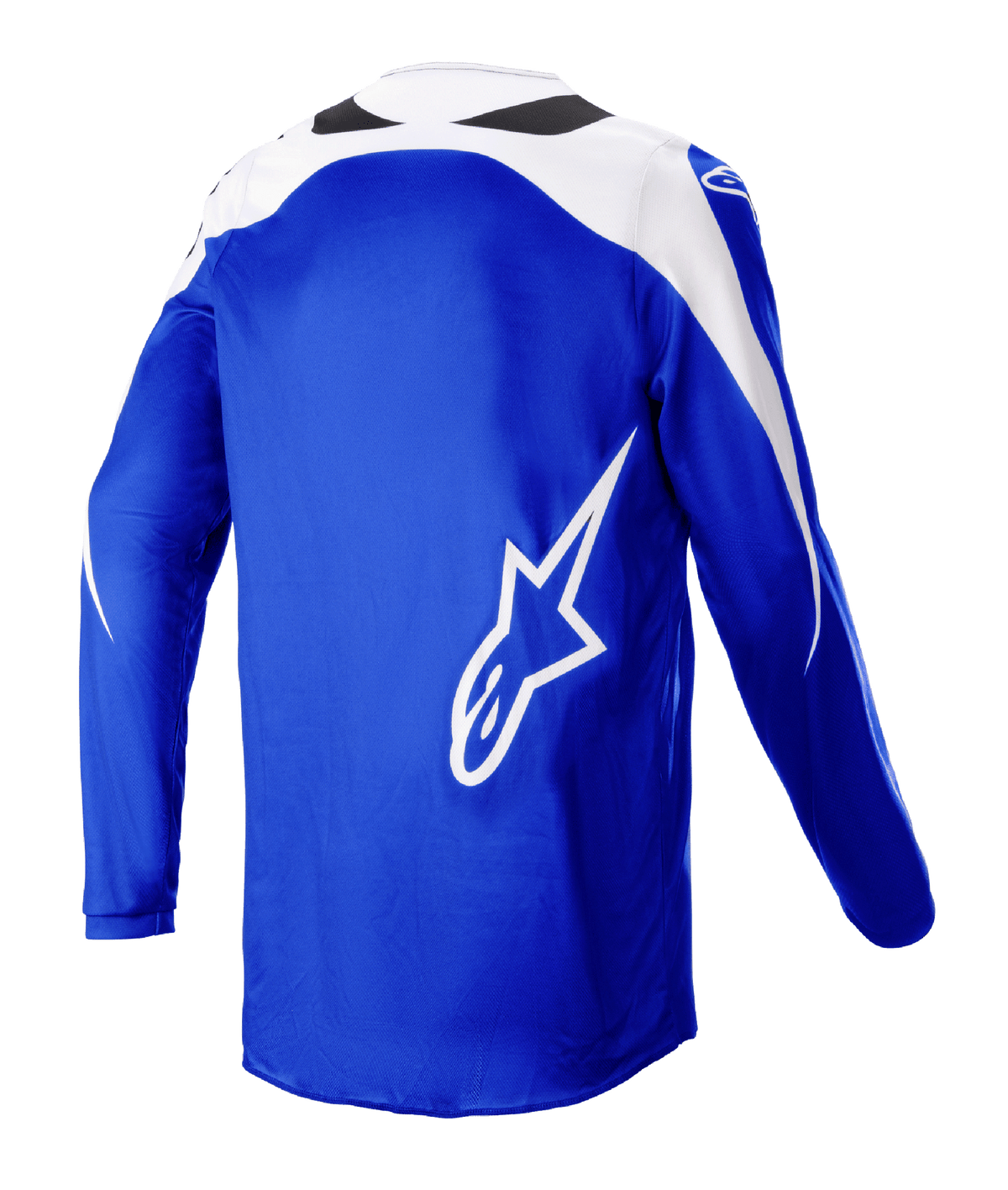 Alpinestars Fluid Narin Jersey 2023, maglia da motocross, blu e bianco, vista posteriore con grande logo A-star bianco, pannelli bianchi sulle spalle, tessuto in poliestere traspirante per prestazioni fuoristrada