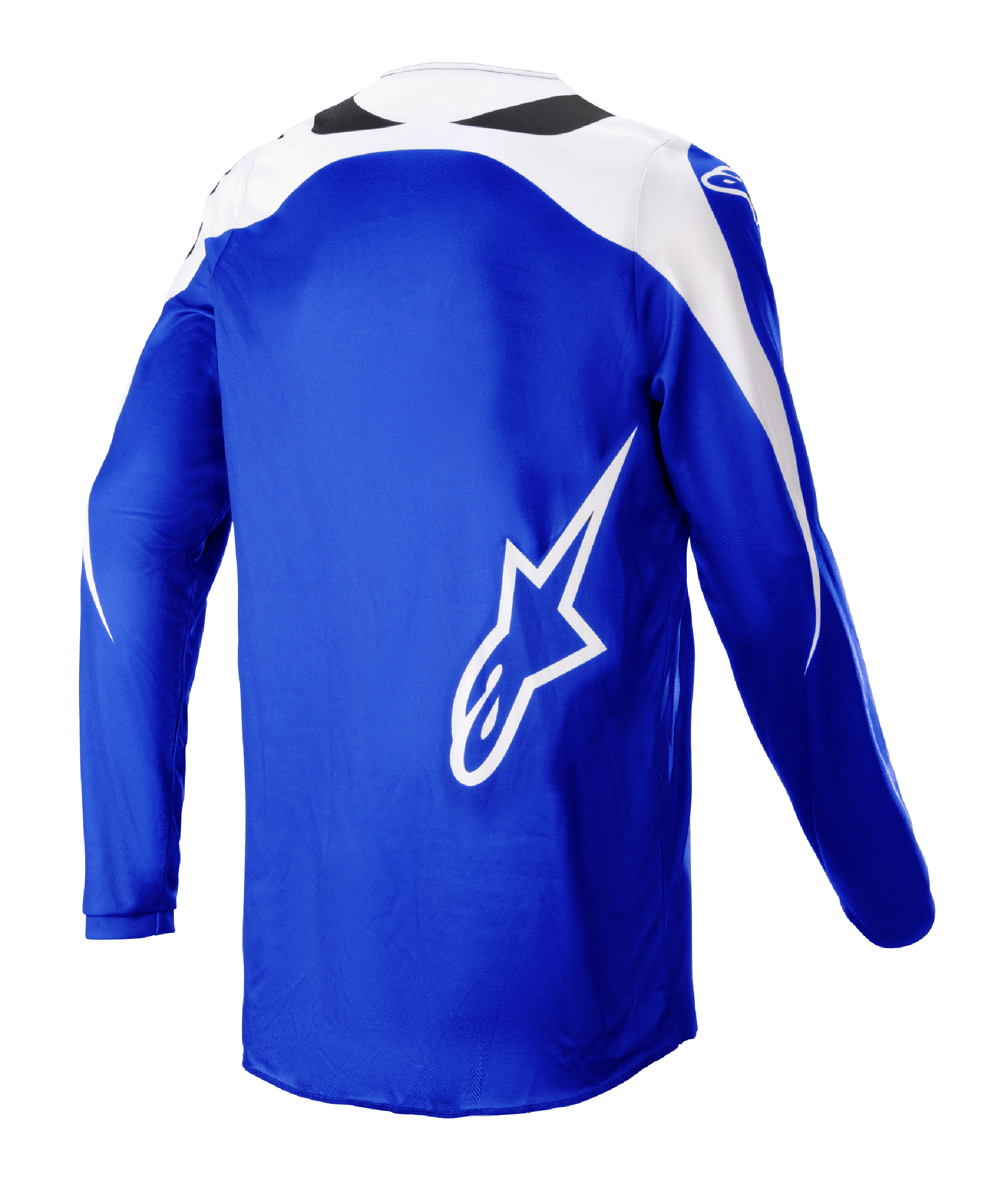 Alpinestars Fluid Narin Jersey 2023, maglia da motocross, blu e bianco, vista posteriore con grande logo A-star bianco, pannelli bianchi sulle spalle, tessuto in poliestere traspirante per prestazioni fuoristrada