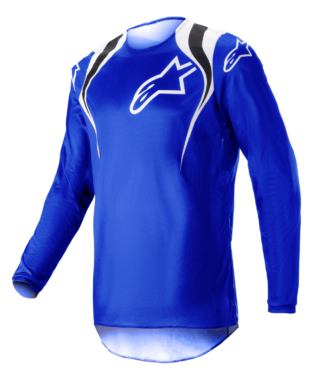 Alpinestars 2023 Fluid Narin Jersey, maglia da motocross, blu con accenti bianchi e neri sulle spalle e logo bianco sul petto, design leggero a maniche lunghe per corse fuoristrada