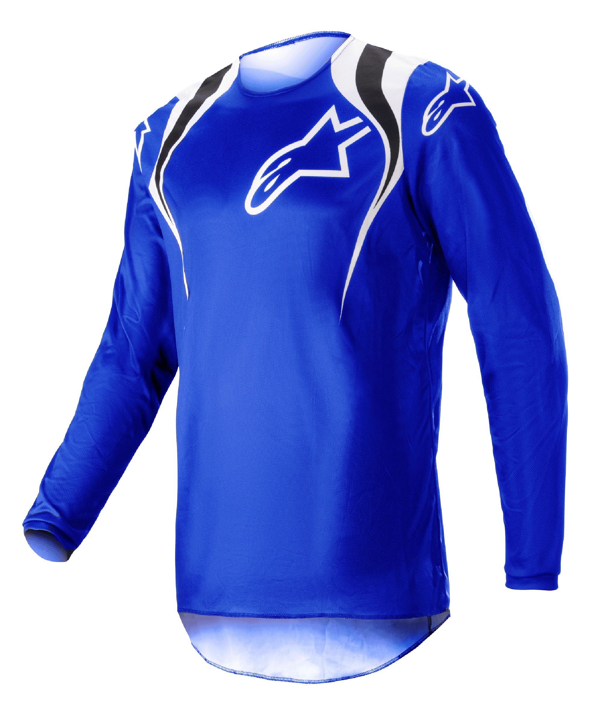 Alpinestars 2023 Fluid Narin Jersey, maglia da motocross, blu con accenti bianchi e neri sulle spalle e logo bianco sul petto, design leggero a maniche lunghe per corse fuoristrada