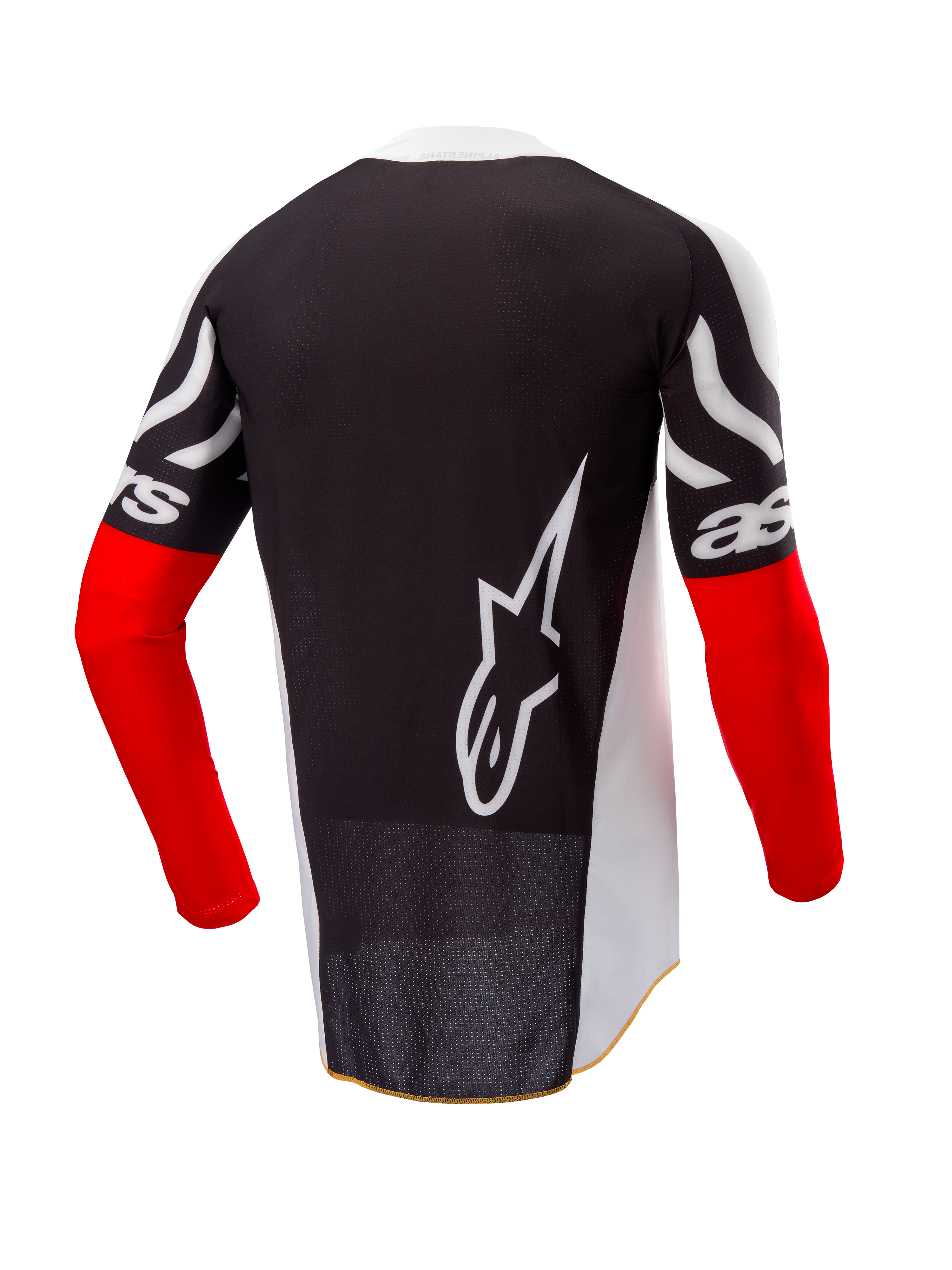 Alpinestars Maglia Limited Edition Techstar Deep, maglia da motocross, vista posteriore, nera e bianca con maniche High Red, grande logo Alpinestars bianco sul retro, vestibilità atletica da gara in politessuto traforato