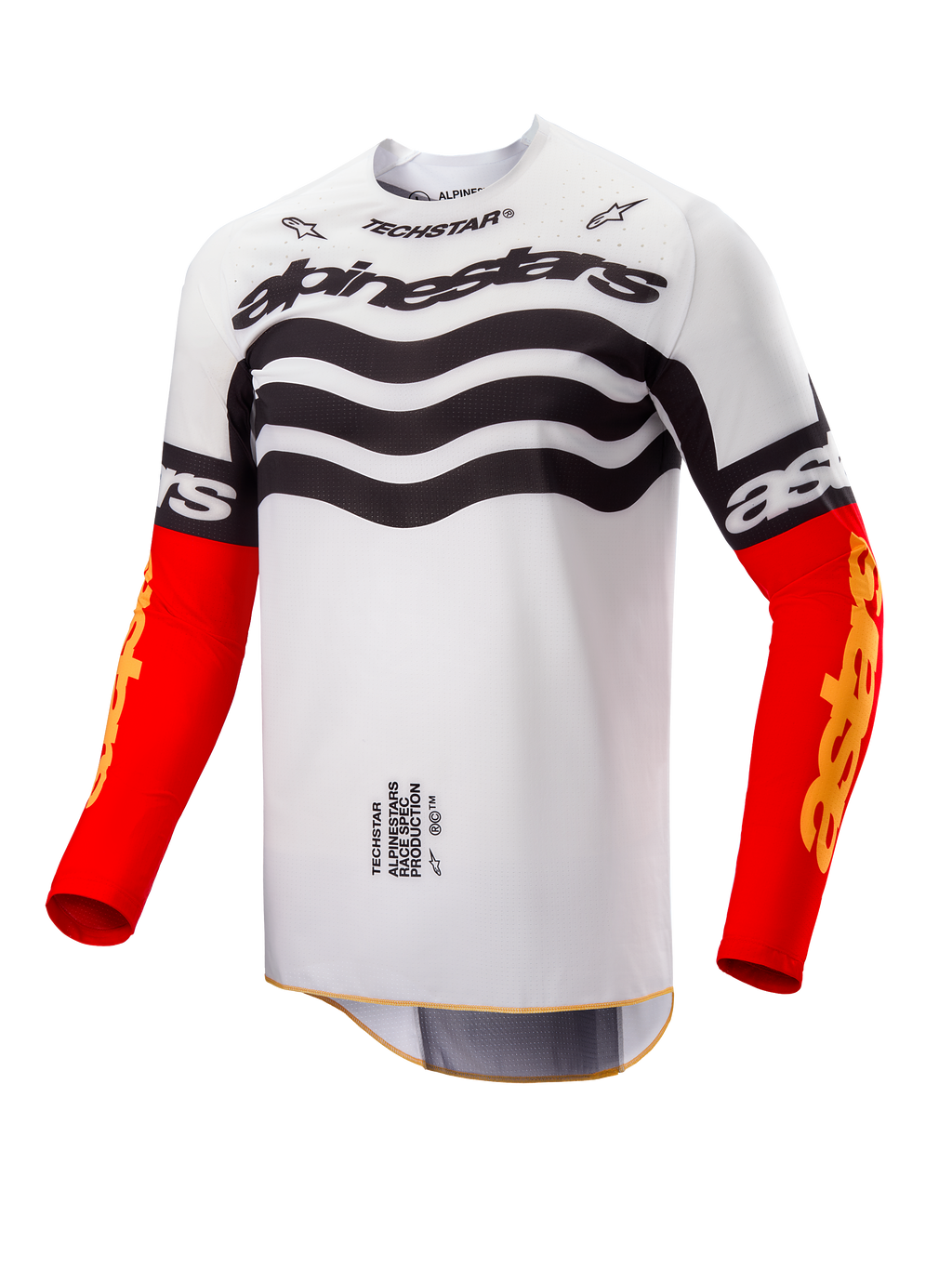 Alpinestars Limited Edition Techstar Deep Jersey, maglia da motocross, design bianco e nero con grafiche ondulate sul petto, maniche rosso acceso con branding Astars giallo, abbigliamento da corsa off-road ad alte prestazioni