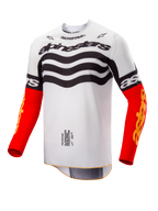 Alpinestars Limited Edition Techstar Deep Jersey, maglia da motocross, design bianco e nero con grafiche ondulate sul petto, maniche rosso acceso con branding Astars giallo, abbigliamento da corsa off-road ad alte prestazioni