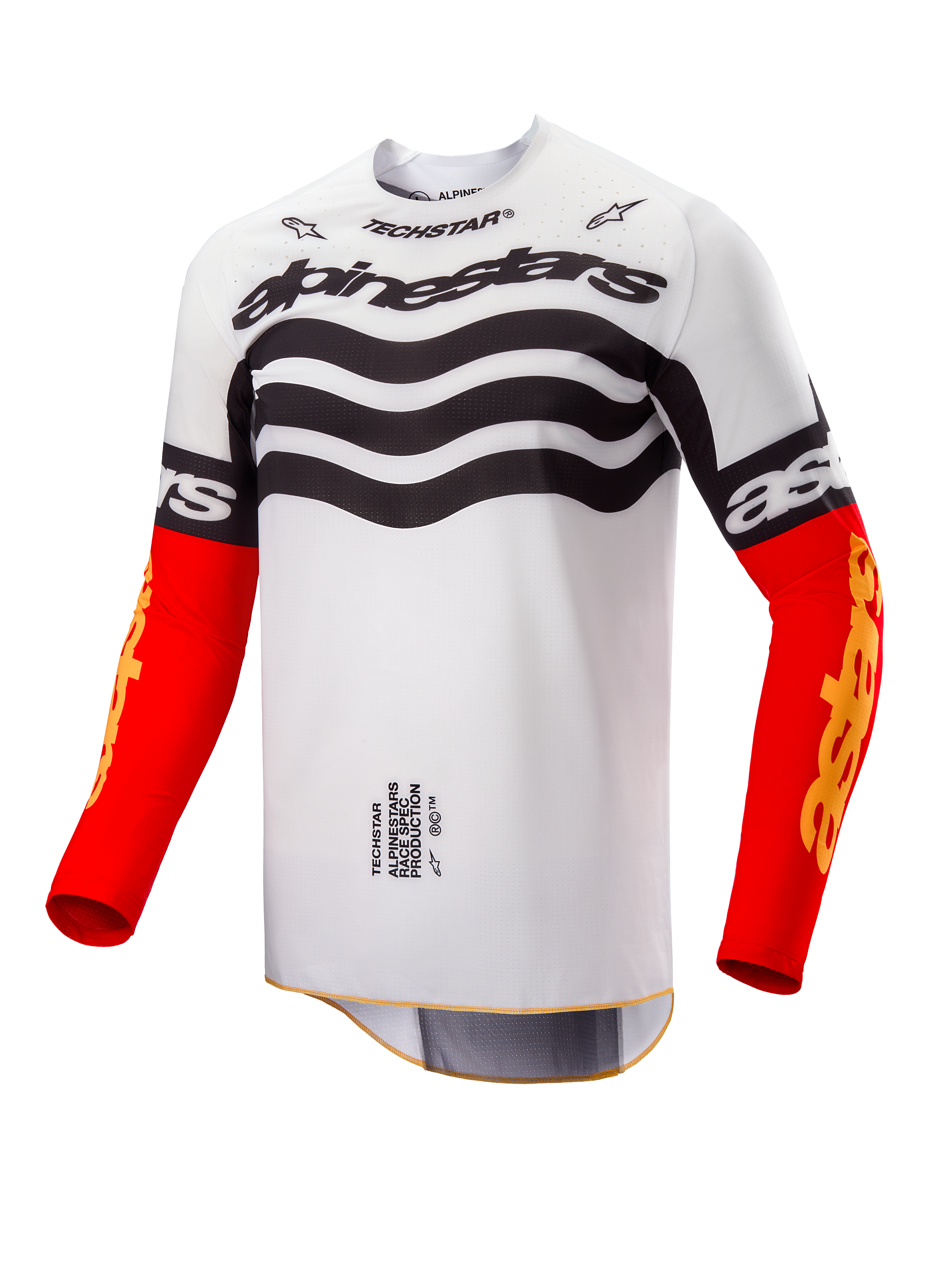 Alpinestars Limited Edition Techstar Deep Jersey, maglia da motocross, design bianco e nero con grafiche ondulate sul petto, maniche rosso acceso con branding Astars giallo, abbigliamento da corsa off-road ad alte prestazioni