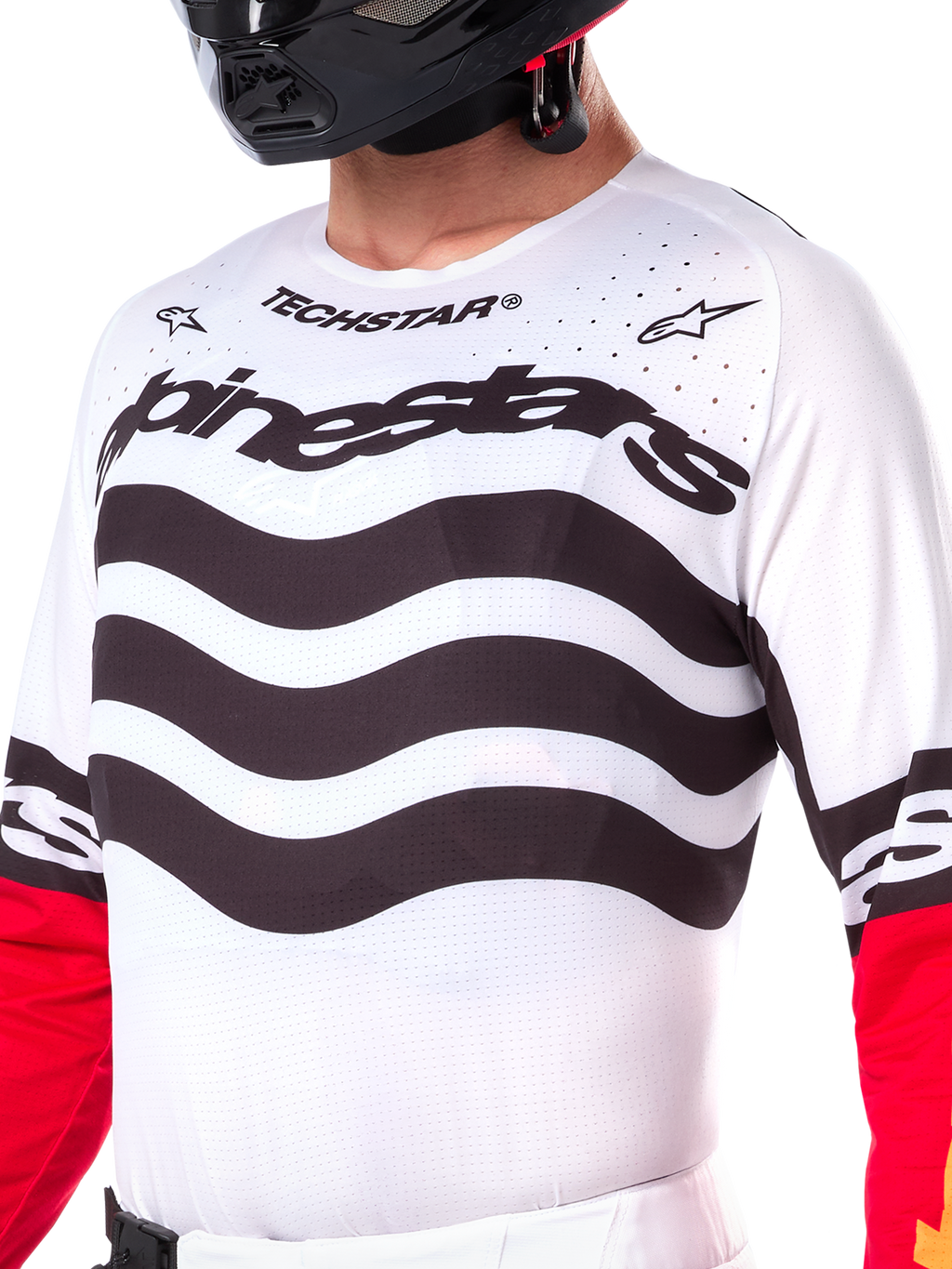 Alpinestars Limited Edition Techstar Deep Jersey, maglia da motocross, nero, bianco e rosso acceso, vestibilità atletica da gara con pannelli tecnici elasticizzati, branding audace e ventilazione traforata al laser per prestazioni off-road