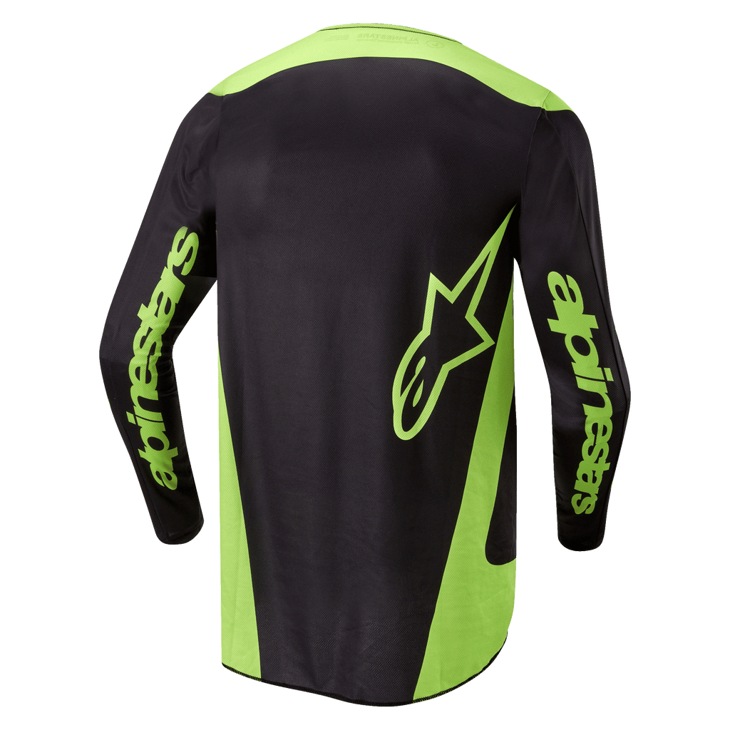 Alpinestars 2024 Fluid Lurv Jersey, maglia da motocross, nero e giallo fluo, vista posteriore con pannelli laterali giallo neon, un grande logo a stella sulla parte inferiore della schiena e marchio Alpinestars sulle maniche