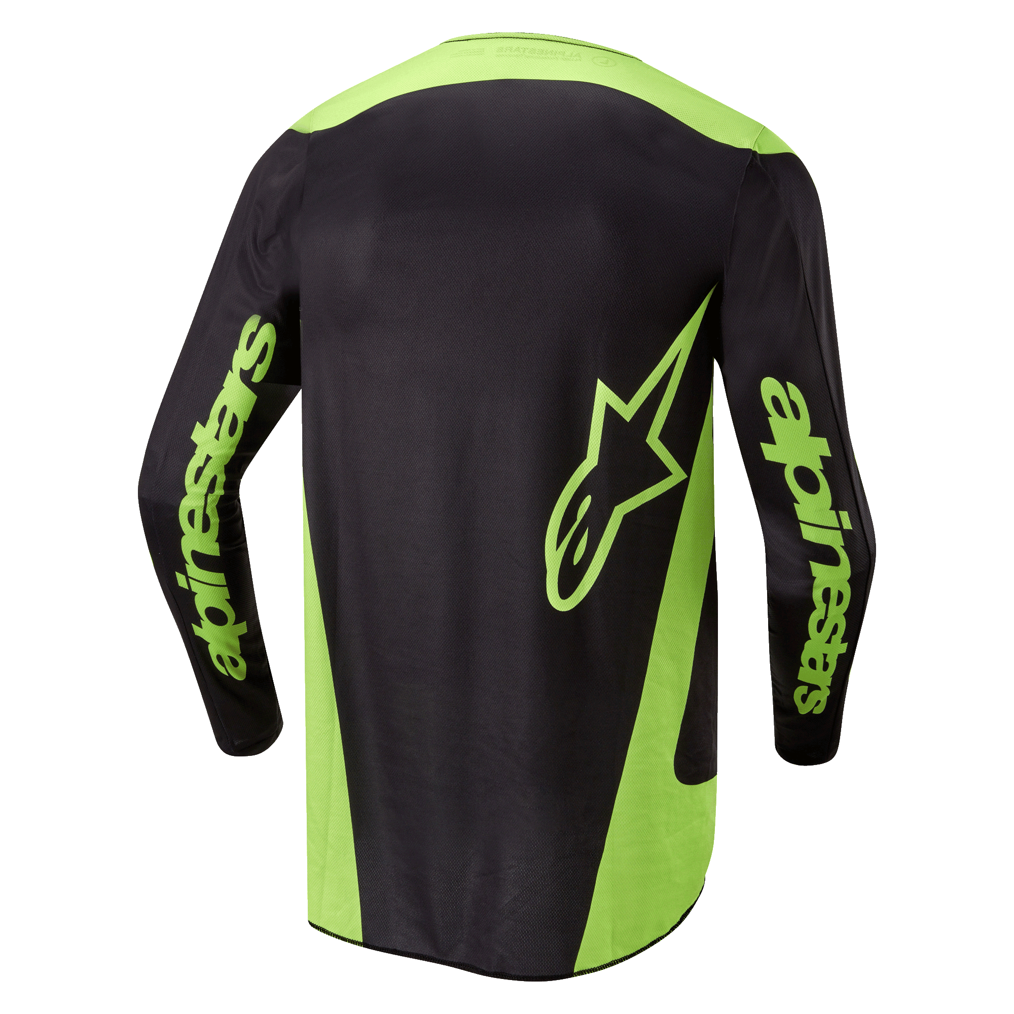 Alpinestars 2024 Fluid Lurv Jersey, maglia da motocross, nero e giallo fluo, vista posteriore con pannelli laterali giallo neon, un grande logo a stella sulla parte inferiore della schiena e marchio Alpinestars sulle maniche