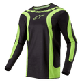 Alpinestars Fluid Lurv Jersey 2024, maglia da motocross, nero e giallo fluo, con pannelli curvi giallo fluorescente, logo Alpinestars sul petto e scritta intorno al colletto, vestibilità sportiva per corse fuoristrada