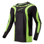 Alpinestars Fluid Lurv Jersey 2024, maglia da motocross, nero e giallo fluo, con pannelli curvi giallo fluorescente, logo Alpinestars sul petto e scritta intorno al colletto, vestibilità sportiva per corse fuoristrada
