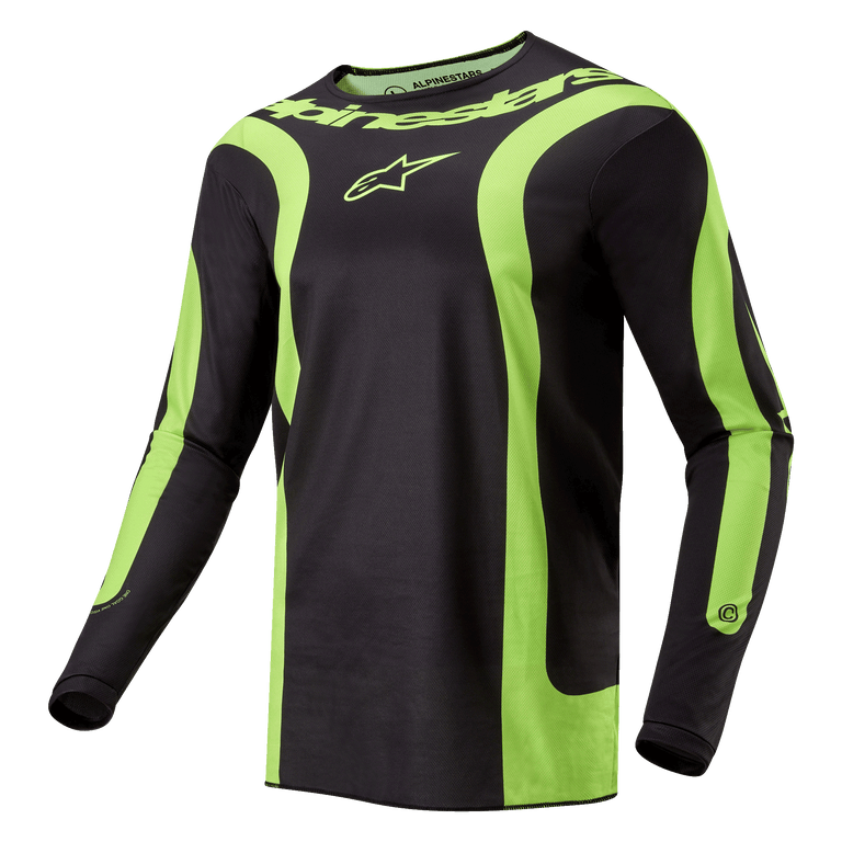 Alpinestars Fluid Lurv Jersey 2024, maglia da motocross, nero e giallo fluo, con pannelli curvi giallo fluorescente, logo Alpinestars sul petto e scritta intorno al colletto, vestibilità sportiva per corse fuoristrada