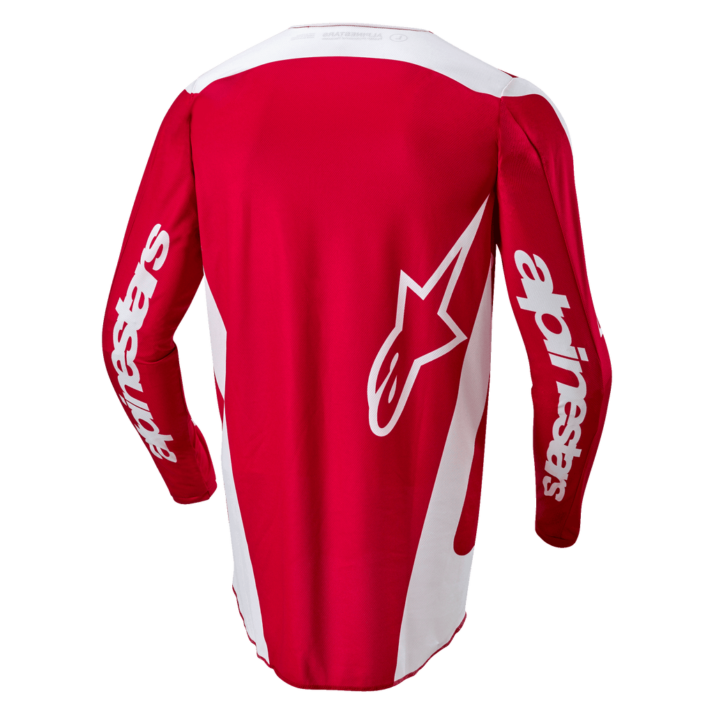 Alpinestars 2024 Fluid Lurv Jersey, maglia da motocross, rosso Mars e bianco, vista posteriore con un grande logo a stella bianco sul retro, pannelli laterali bianchi e branding sulle maniche