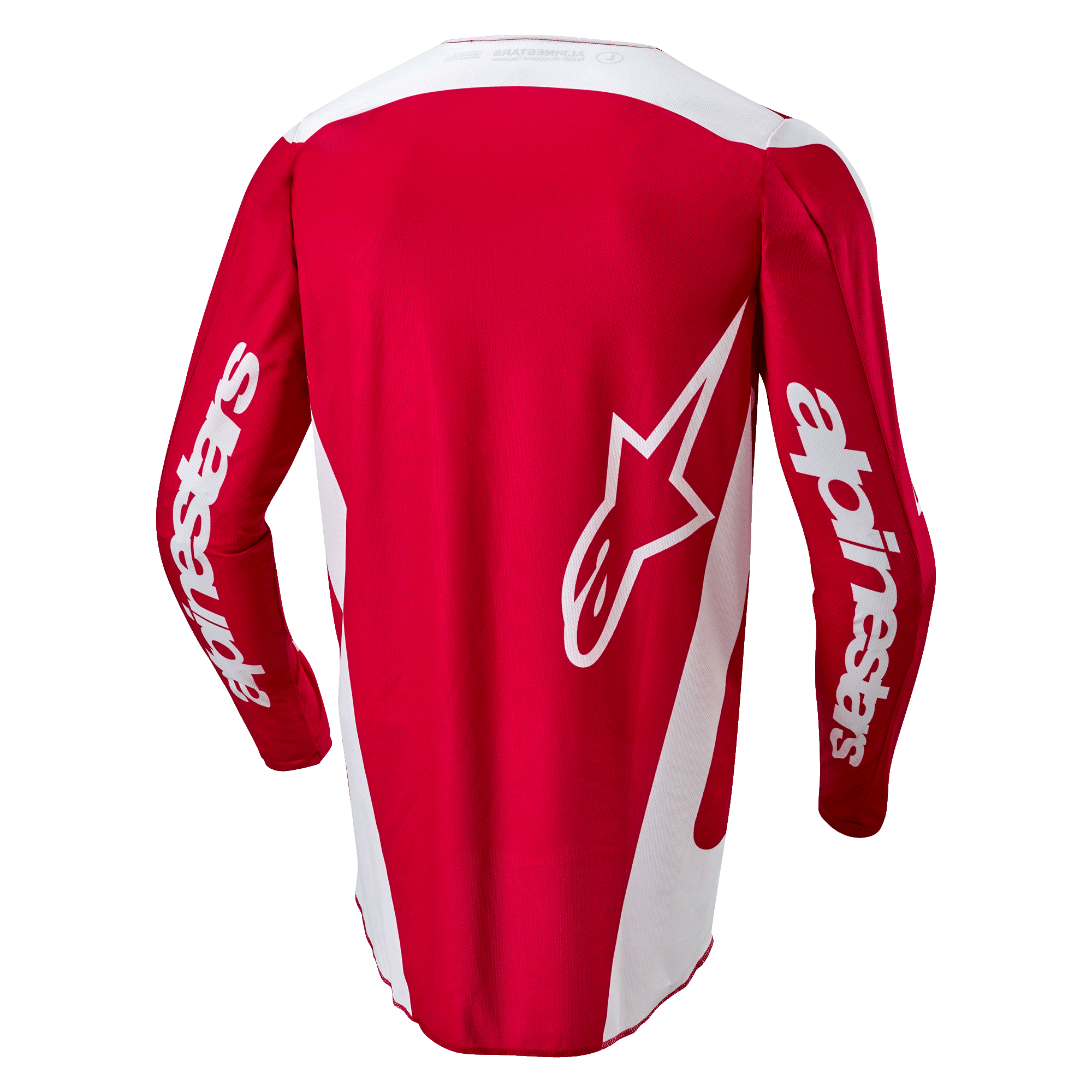 Alpinestars 2024 Fluid Lurv Jersey, maglia da motocross, rosso Mars e bianco, vista posteriore con un grande logo a stella bianco sul retro, pannelli laterali bianchi e branding sulle maniche
