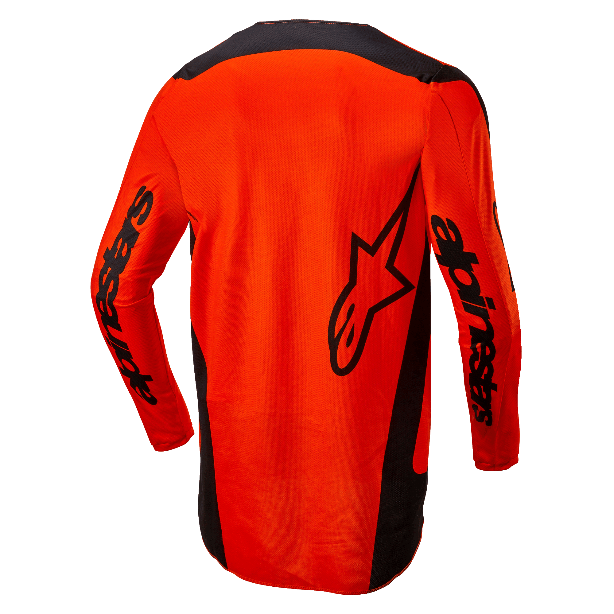 Maglia Alpinestars 2024 Fluid Lurv, maglia da motocross, arancione acceso e nero, vista posteriore con grande logo a stella nero e marchio Alpinestars sulle maniche, design con parte posteriore allungata per una maggiore copertura, leggero poli-tessuto per corse fuoristrada