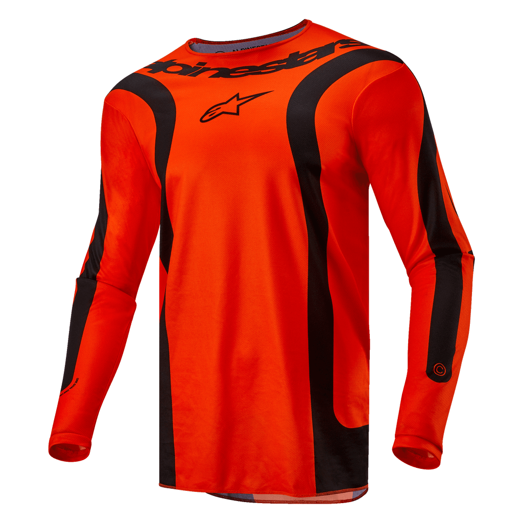 Alpinestars Fluid Lurv Jersey 2024, maglia da motocross, arancione acceso e nero, maniche lunghe con pannelli curvi neri, logo Alpinestars nero sul petto e marchio sul collo, vestibilità sportiva per gare fuoristrada