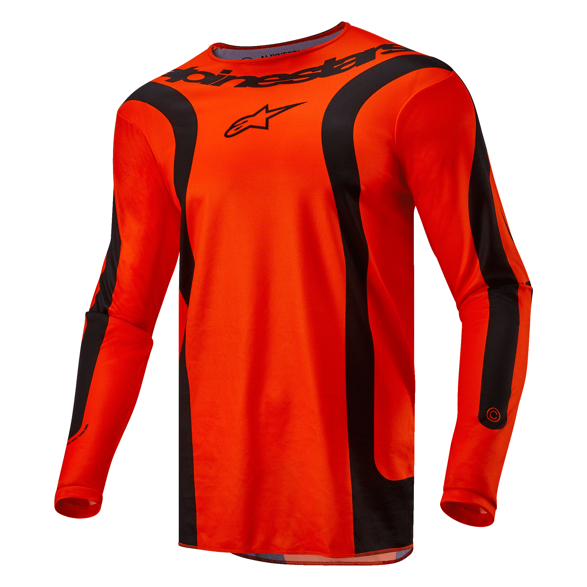 Alpinestars Fluid Lurv Jersey 2024, maglia da motocross, arancione acceso e nero, maniche lunghe con pannelli curvi neri, logo Alpinestars nero sul petto e marchio sul collo, vestibilità sportiva per gare fuoristrada