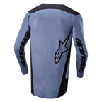 Alpinestars 2024 Fluid Lurv Jersey, maglia da motocross, azzurro e nero, vista posteriore con marchio Alpinestars sulle maniche e logo a stella sul retro, bordo posteriore allungato, tessuto tecnico traspirante per fuoristrada