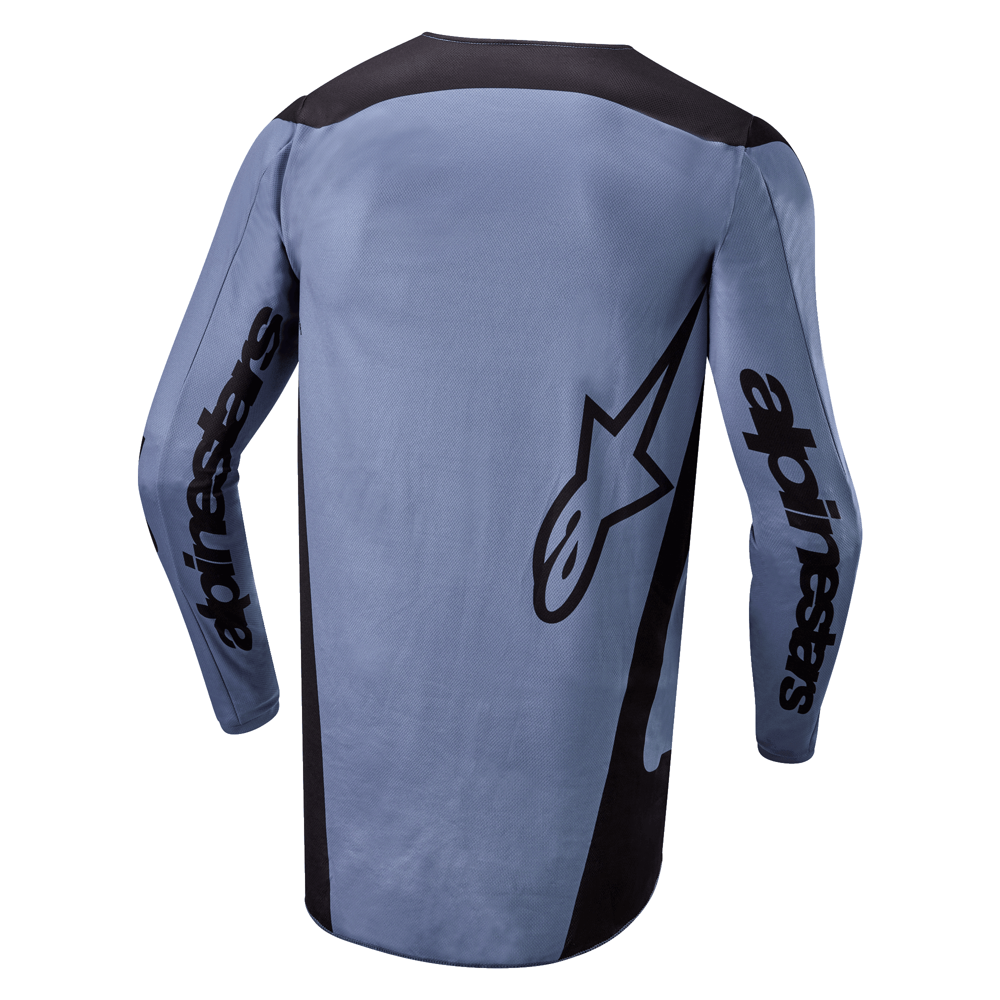Alpinestars 2024 Fluid Lurv Jersey, maglia da motocross, azzurro e nero, vista posteriore con marchio Alpinestars sulle maniche e logo a stella sul retro, bordo posteriore allungato, tessuto tecnico traspirante per fuoristrada