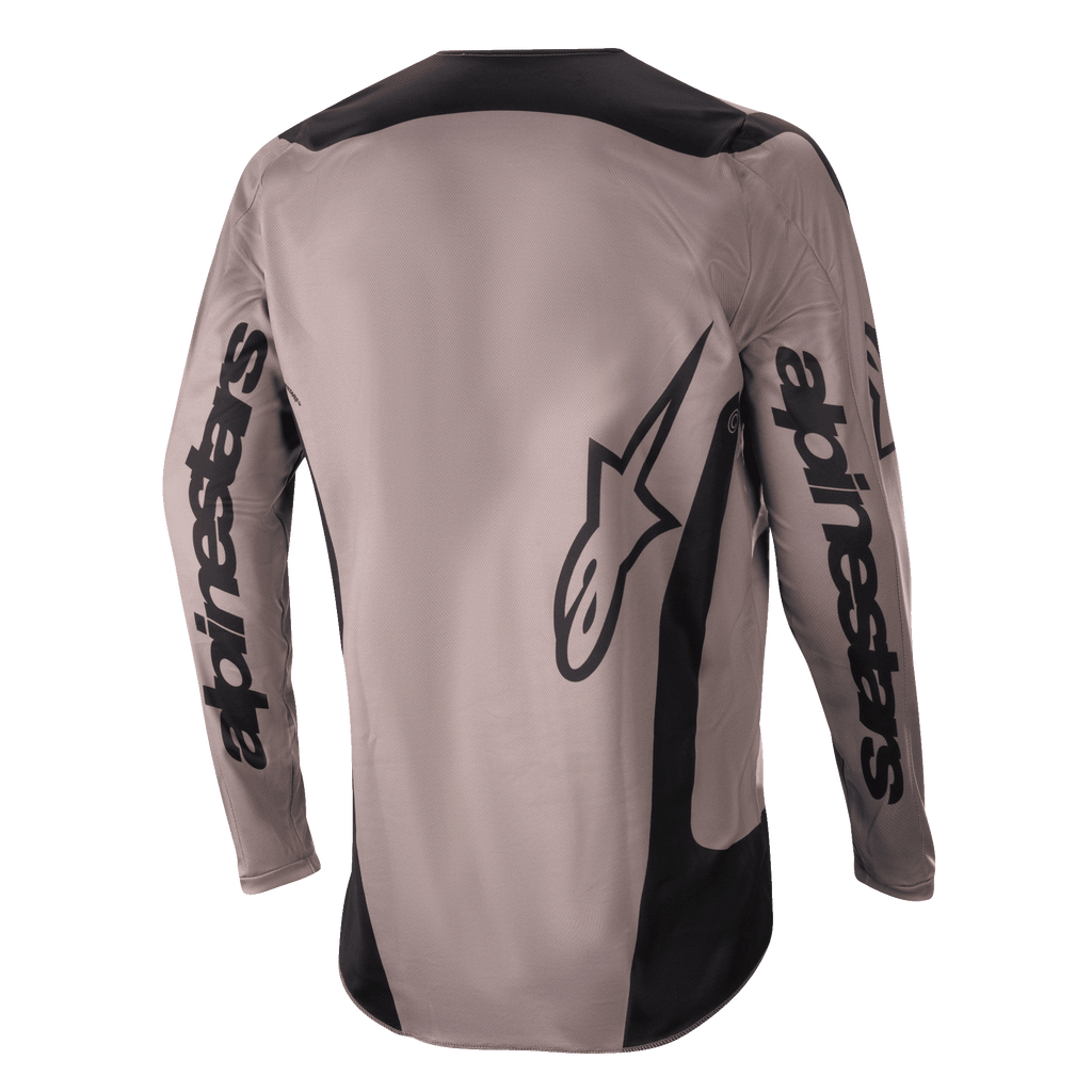 Maglia Alpinestars Fluid Lurv 2024, maglia da motocross, Mud Black, vista posteriore con grande logo Alpinestars sulle maniche e sulla parte bassa della schiena, pannelli neri su spalle e fianchi, abbigliamento tecnico per fuoristrada