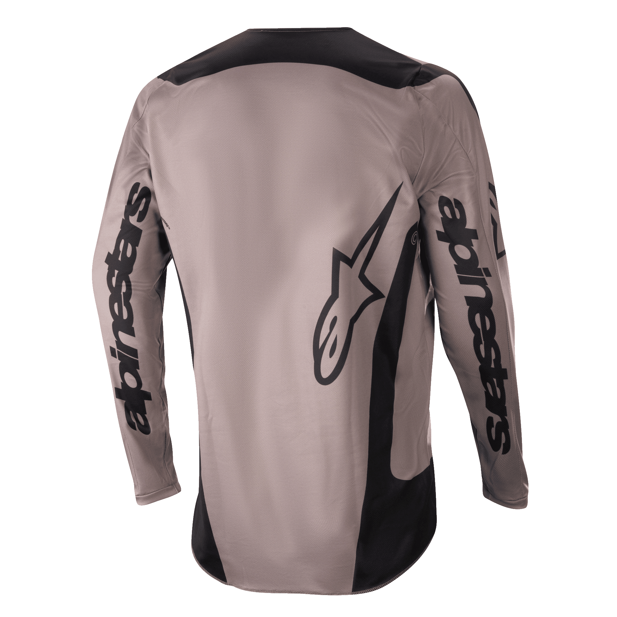 Maglia Alpinestars Fluid Lurv 2024, maglia da motocross, Mud Black, vista posteriore con grande logo Alpinestars sulle maniche e sulla parte bassa della schiena, pannelli neri su spalle e fianchi, abbigliamento tecnico per fuoristrada