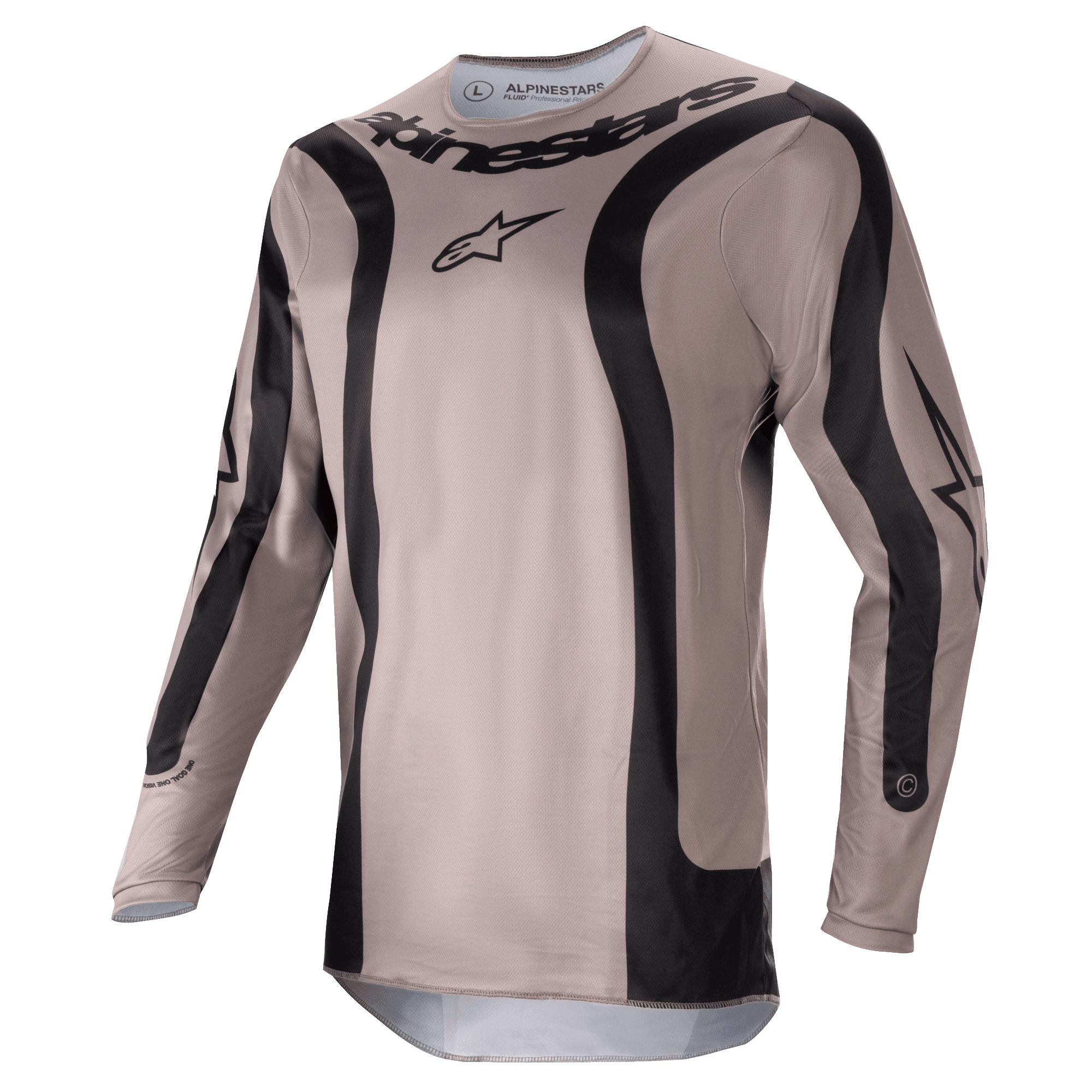 Alpinestars 2024 Fluid Lurv Jersey, maglia da motocross, Mud Black, con pannelli grafici neri curvi e logo centrale Alpinestars, in poli-tessuto leggero e traspirante per prestazioni nel fuoristrada