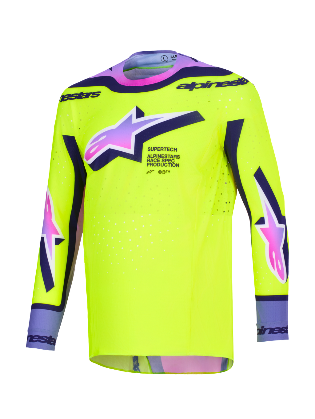 Maglia Alpinestars Supertech Vista 2026, maglia da motocross, giallo brillante con accenti viola e neri, loghi Astars con sfumatura dal rosa al viola, vestibilità atletica racing con perforazioni laser per prestazioni nel fuoristrada