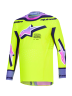 Maglia Alpinestars Supertech Vista 2026, maglia da motocross, giallo brillante con accenti viola e neri, loghi Astars con sfumatura dal rosa al viola, vestibilità atletica racing con perforazioni laser per prestazioni nel fuoristrada