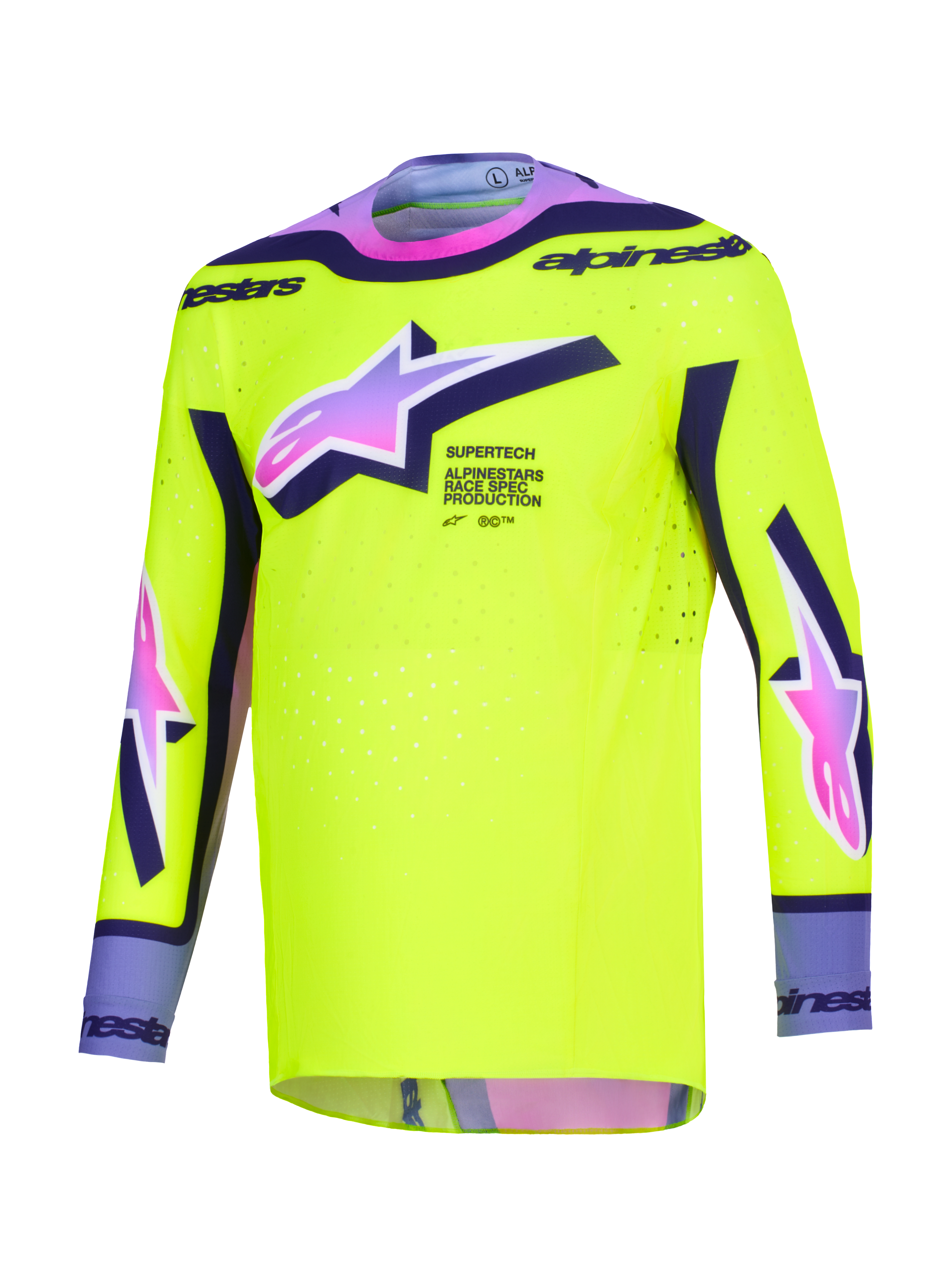 Maglia Alpinestars Supertech Vista 2026, maglia da motocross, giallo brillante con accenti viola e neri, loghi Astars con sfumatura dal rosa al viola, vestibilità atletica racing con perforazioni laser per prestazioni nel fuoristrada