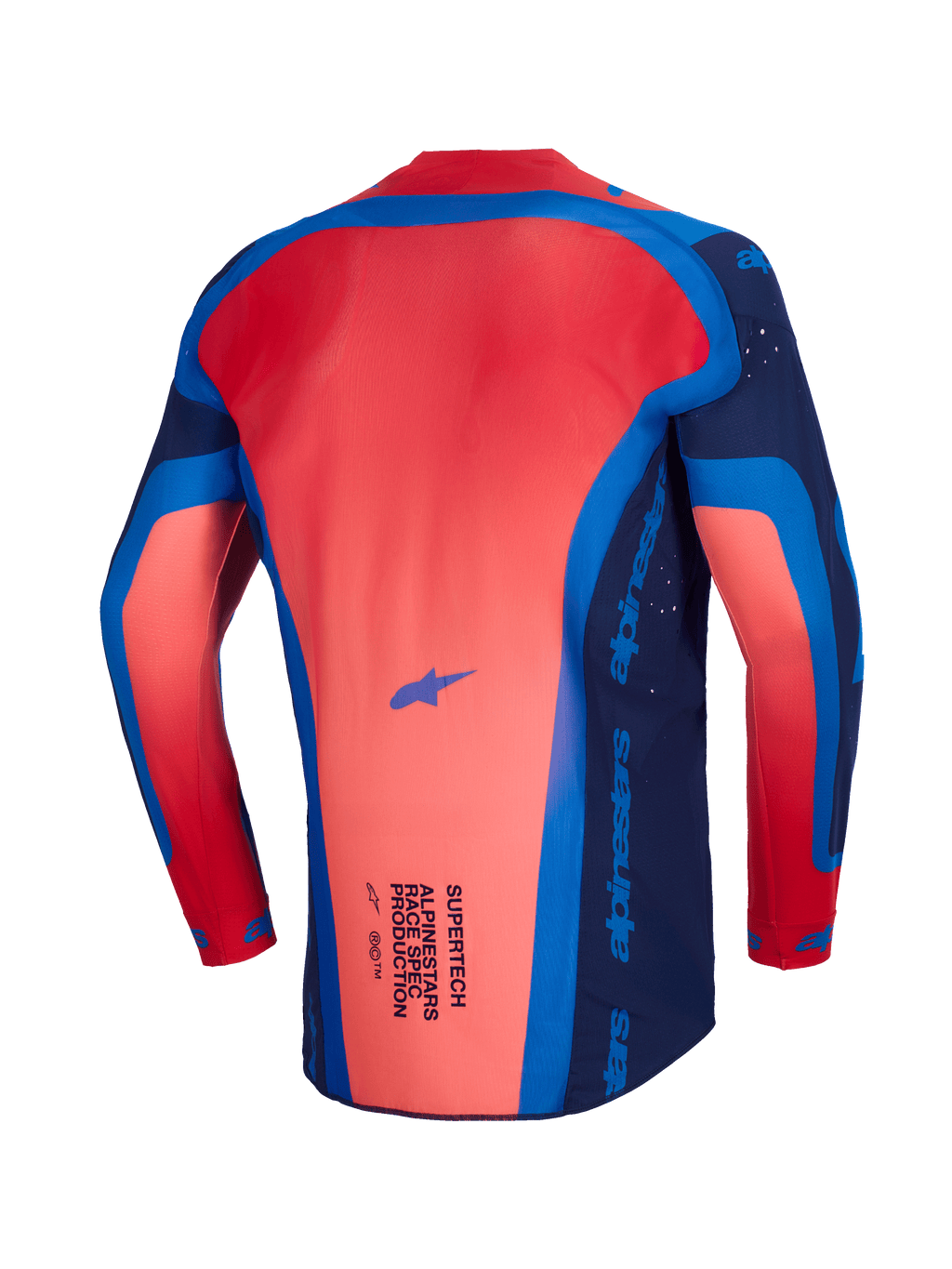 Maglia Alpinestars Supertech Vista 2026, maglia da motocross, Dark Navy, Hot Coral e Cobalt, vista posteriore che mostra il profilo posteriore allungato e la struttura in mesh leggero