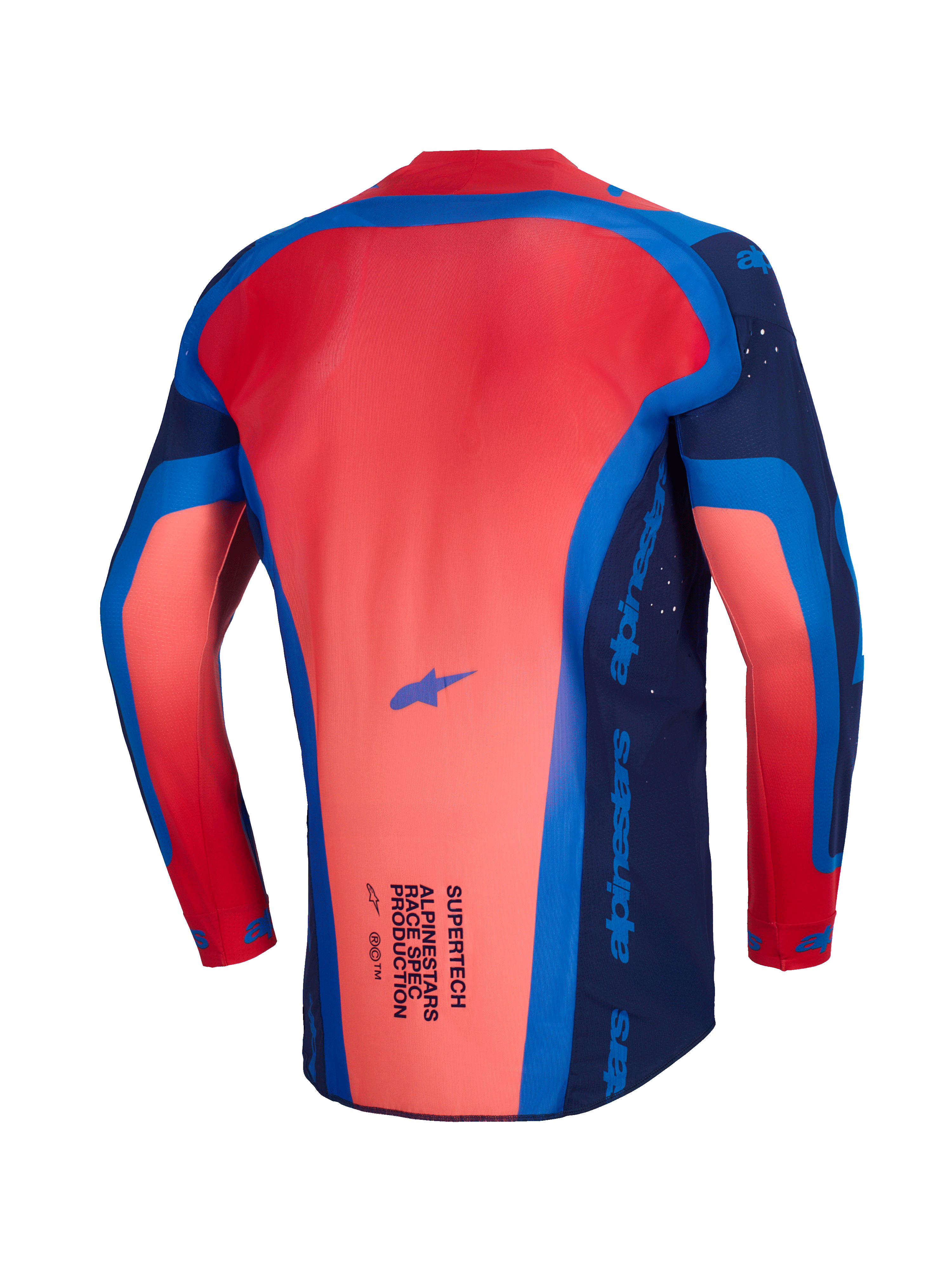 Maglia Alpinestars Supertech Vista 2026, maglia da motocross, Dark Navy, Hot Coral e Cobalt, vista posteriore che mostra il profilo posteriore allungato e la struttura in mesh leggero