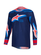Maglia Alpinestars Supertech Vista 2026, maglia da motocross, blu navy scuro con accenti Hot Coral e blu cobalto, grandi loghi Astar su petto e maniche, vestibilità atletica con perforazioni laser e colletto senza cuciture
