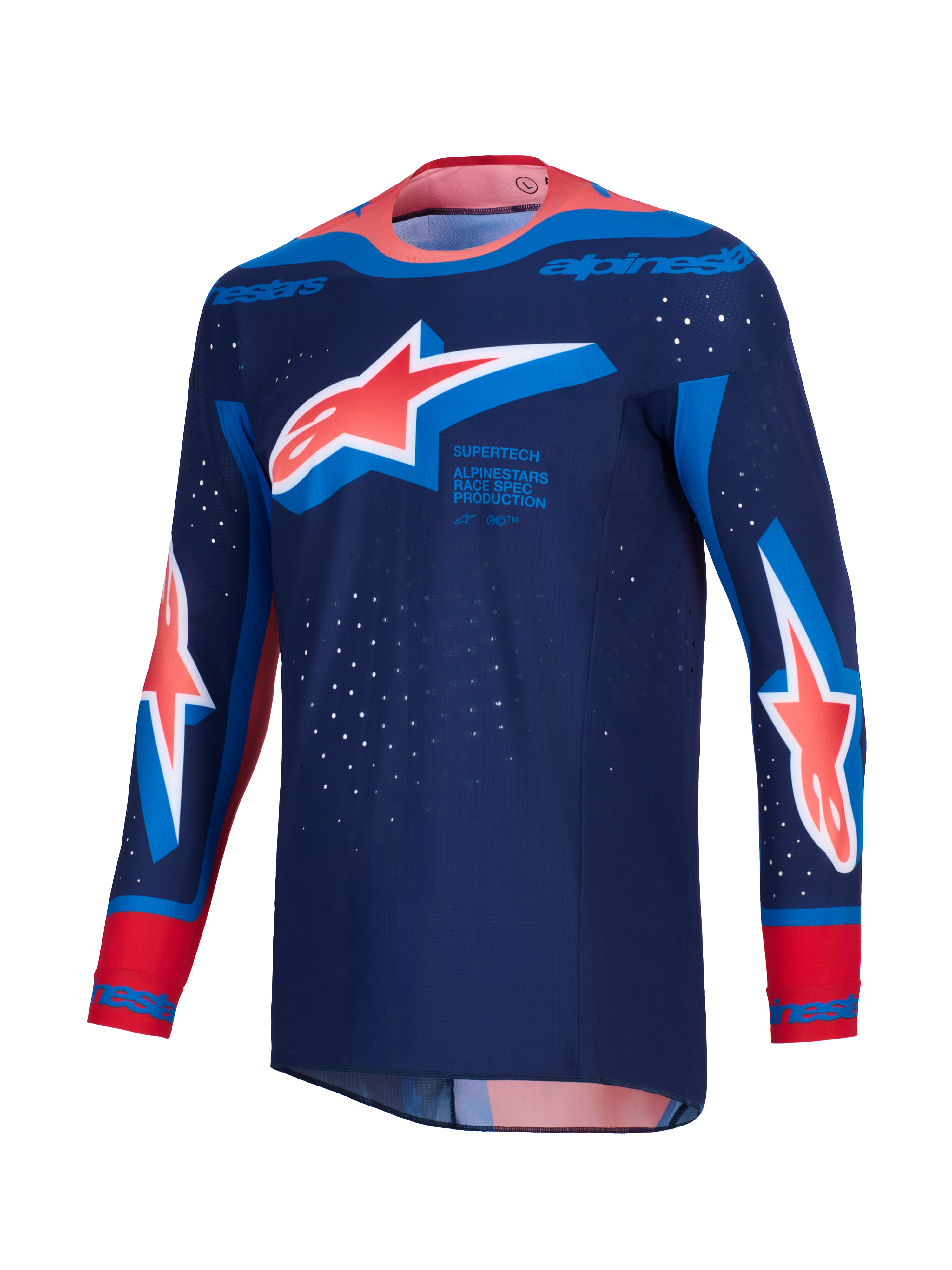 Maglia Alpinestars Supertech Vista 2026, maglia da motocross, blu navy scuro con accenti Hot Coral e blu cobalto, grandi loghi Astar su petto e maniche, vestibilità atletica con perforazioni laser e colletto senza cuciture