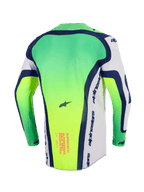 Maglia Alpinestars Supertech Vista 2026, maglia da motocross, verde neon, bianco e blu navy, vista posteriore con parte posteriore allungata, traforature tagliate al laser sui lati, grafica con testo rosa sulla parte bassa della schiena, abbigliamento racing professionale leggero