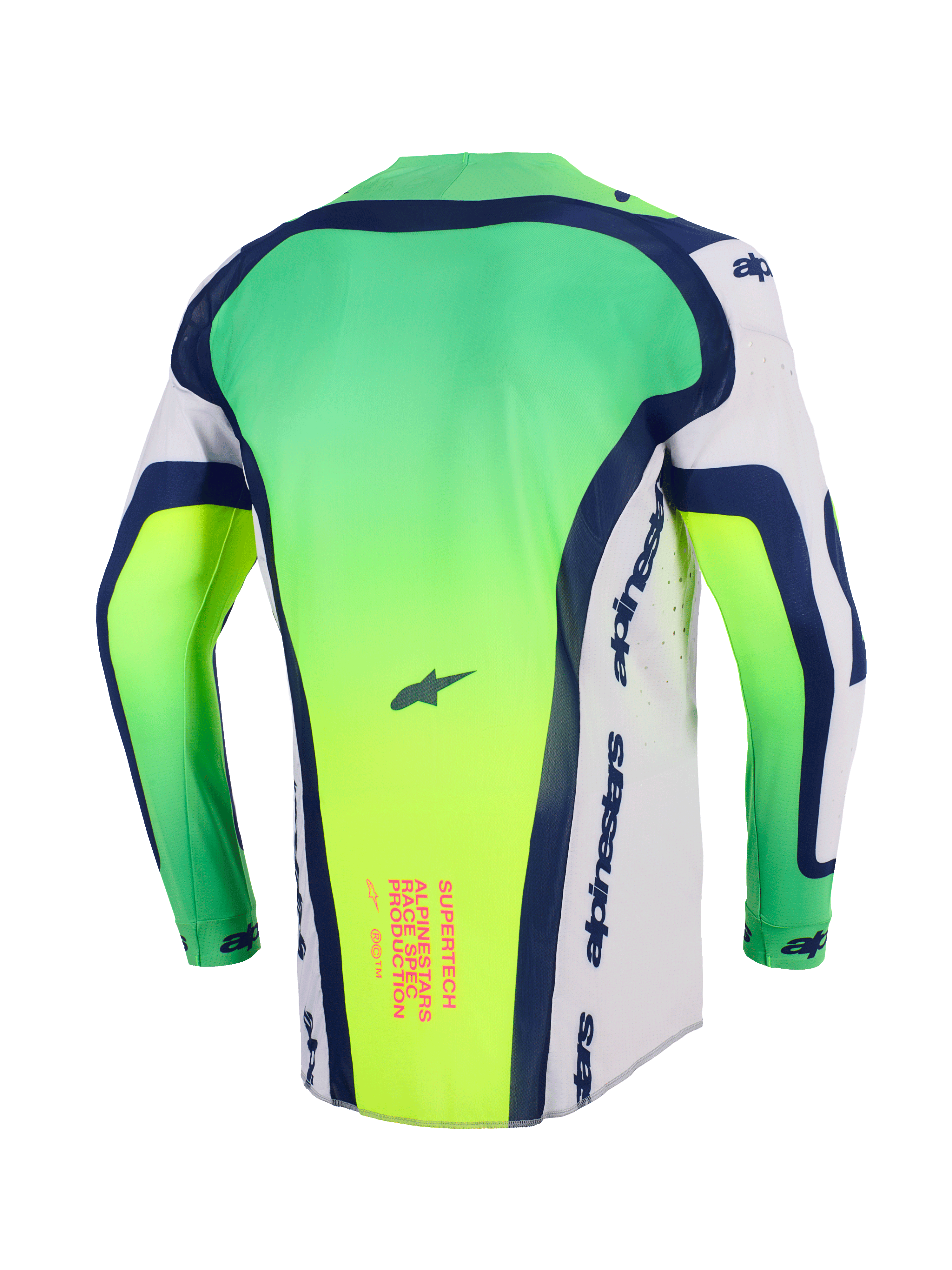 Maglia Alpinestars Supertech Vista 2026, maglia da motocross, verde neon, bianco e blu navy, vista posteriore con parte posteriore allungata, traforature tagliate al laser sui lati, grafica con testo rosa sulla parte bassa della schiena, abbigliamento racing professionale leggero