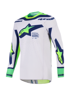 Maglia Alpinestars Supertech Vista 2026, maglia da motocross, grigio chiaro con blu e giallo fluo, con grande logo Alpinestars sul petto, fori di ventilazione tagliati al laser e costruzione senza cuciture per gare fuoristrada