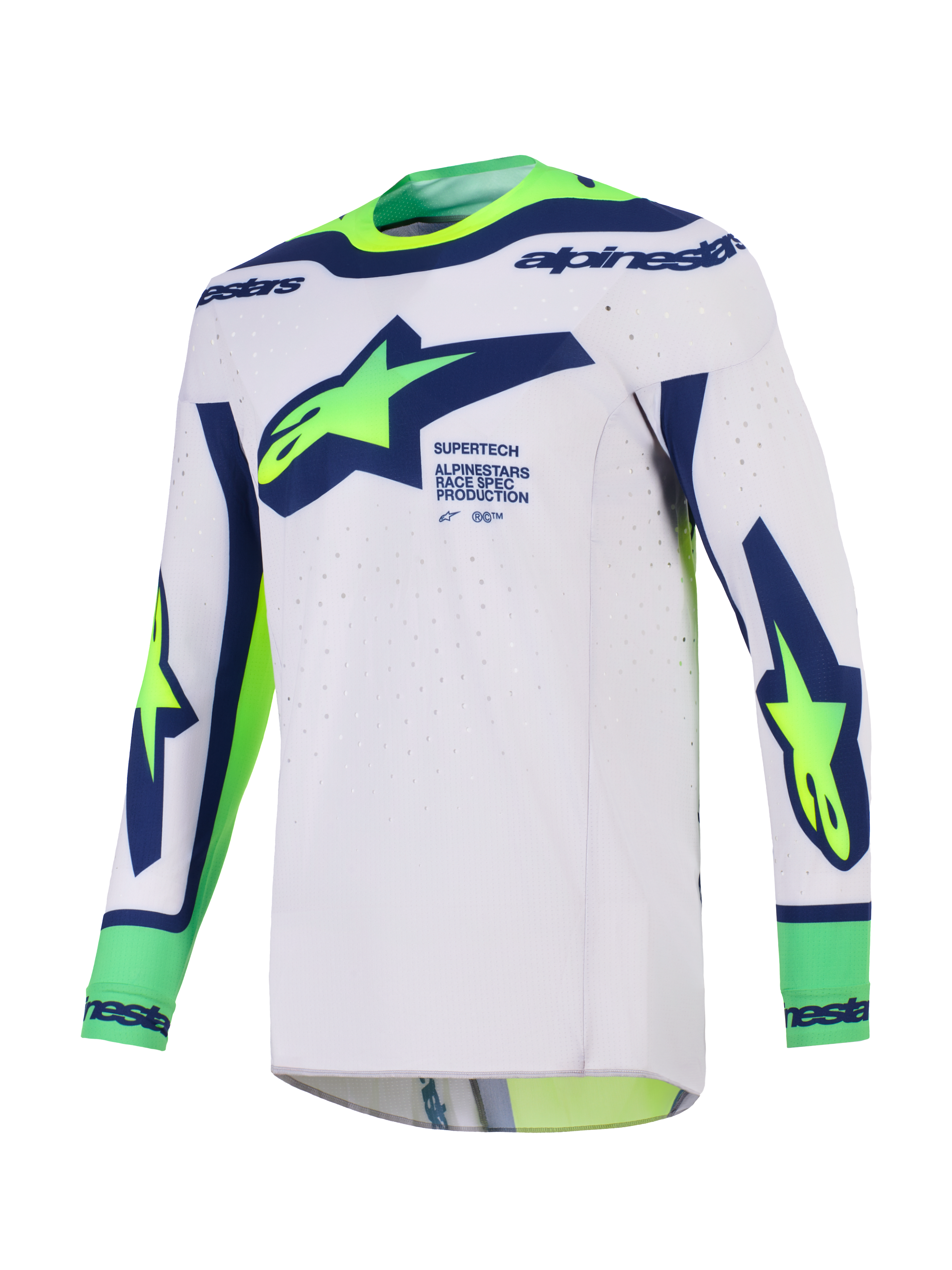 Maglia Alpinestars Supertech Vista 2026, maglia da motocross, grigio chiaro con blu e giallo fluo, con grande logo Alpinestars sul petto, fori di ventilazione tagliati al laser e costruzione senza cuciture per gare fuoristrada