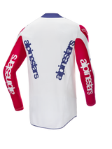 Alpinestars Limited Edition Techstar Fortitude Jersey, maglia da motocross, rosso acceso, bianco e blu, vista posteriore con branding blu verticale su schiena bianca e maniche rosse, vestibilità racing per il motocross
