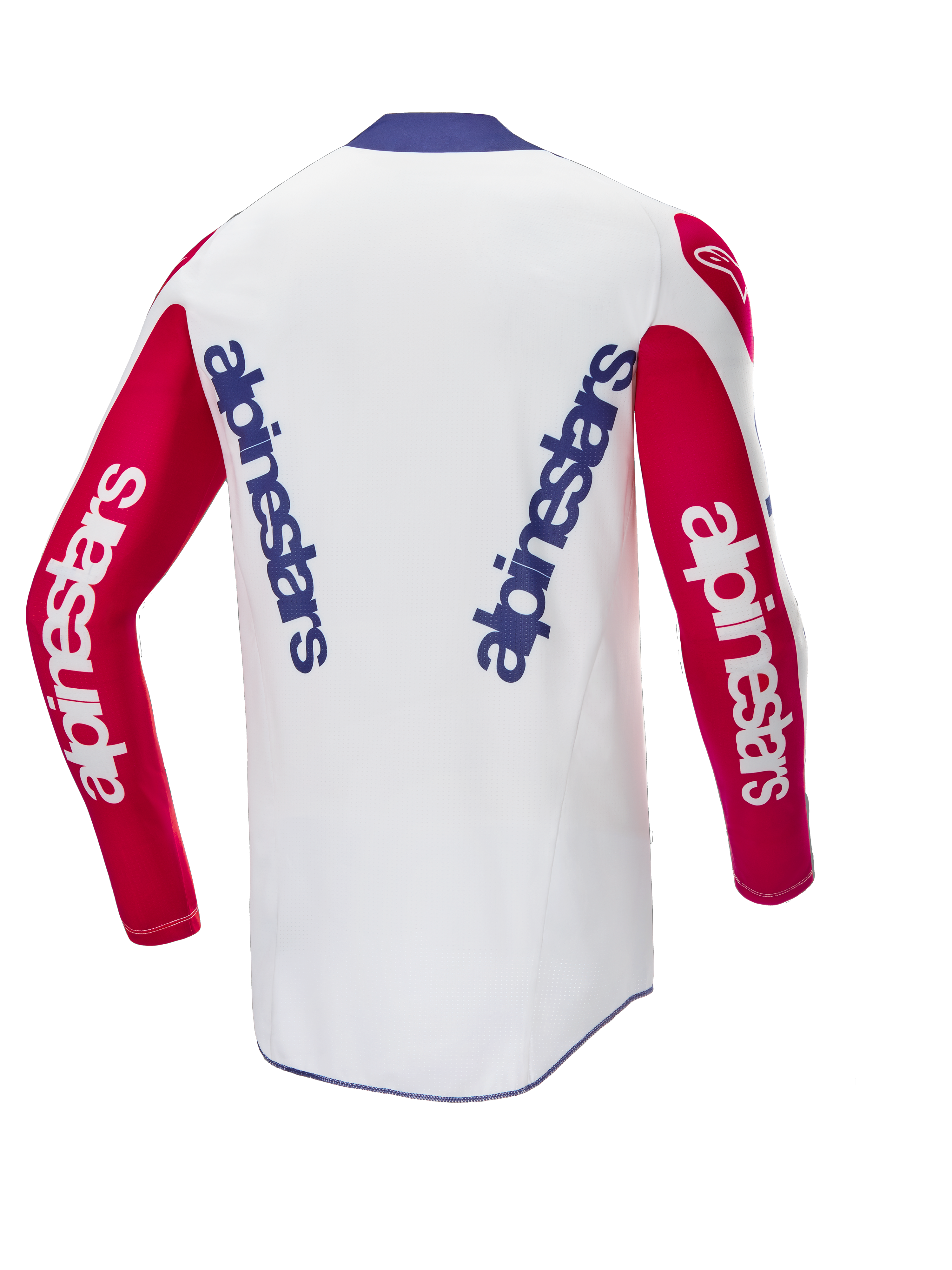 Alpinestars Limited Edition Techstar Fortitude Jersey, maglia da motocross, rosso acceso, bianco e blu, vista posteriore con branding blu verticale su schiena bianca e maniche rosse, vestibilità racing per il motocross