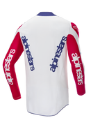 Alpinestars Maglia Techstar Fortitude Limited Edition, vista posteriore, maglia da motocross, corpo bianco con maniche rosse e colletto blu, loghi Alpinestars blu e bianchi, abbigliamento da gara ad alte prestazioni