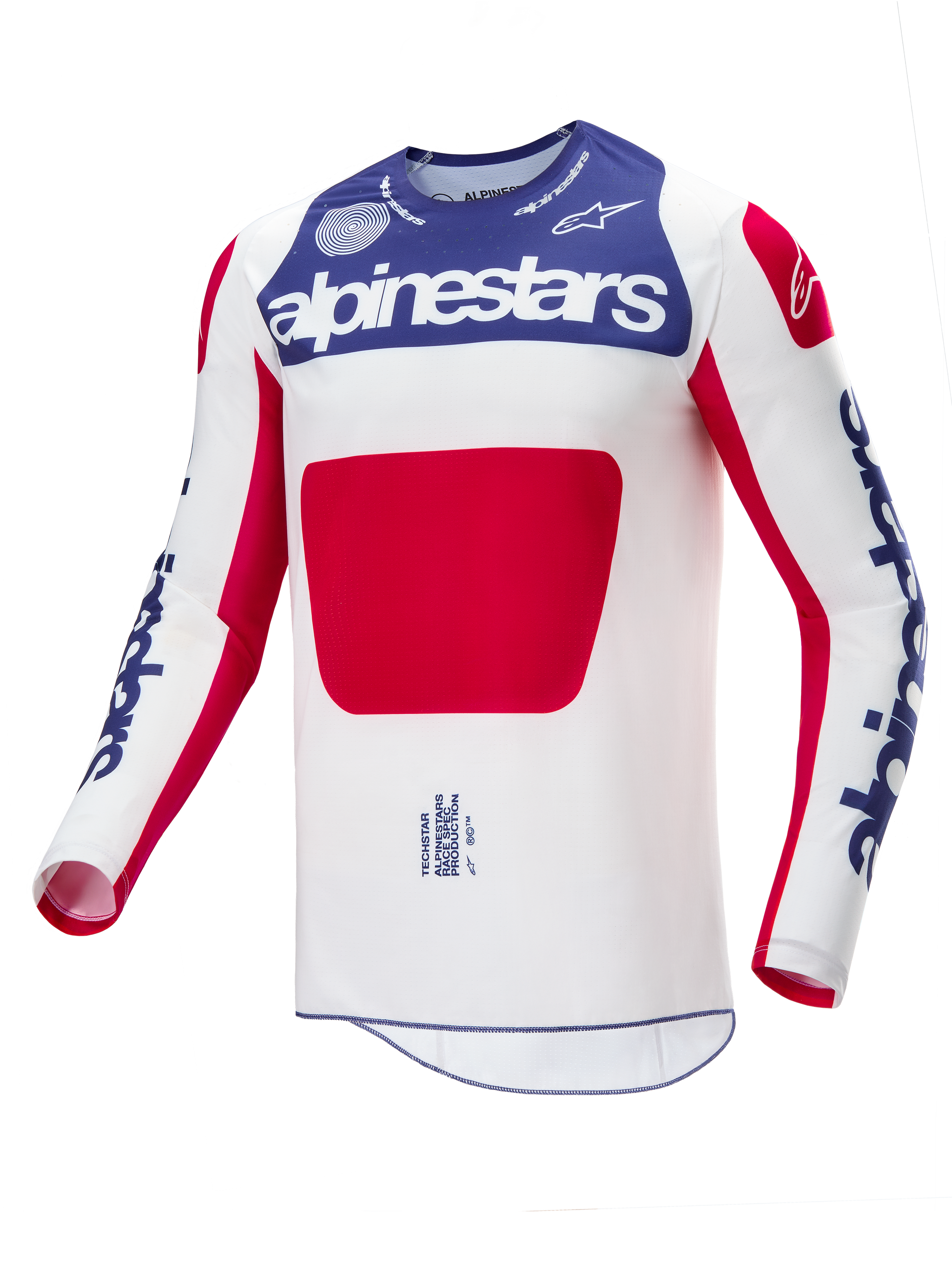 Alpinestars Maglia Techstar Fortitude Limited Edition, maglia da motocross, rosso, bianco e blu, caratterizzata da un corpo bianco con un grande pannello centrale rosso, sezione del petto blu con marchio Alpinestars bianco e loghi blu sulle maniche, progettata per prestazioni elevate nel fuoristrada.