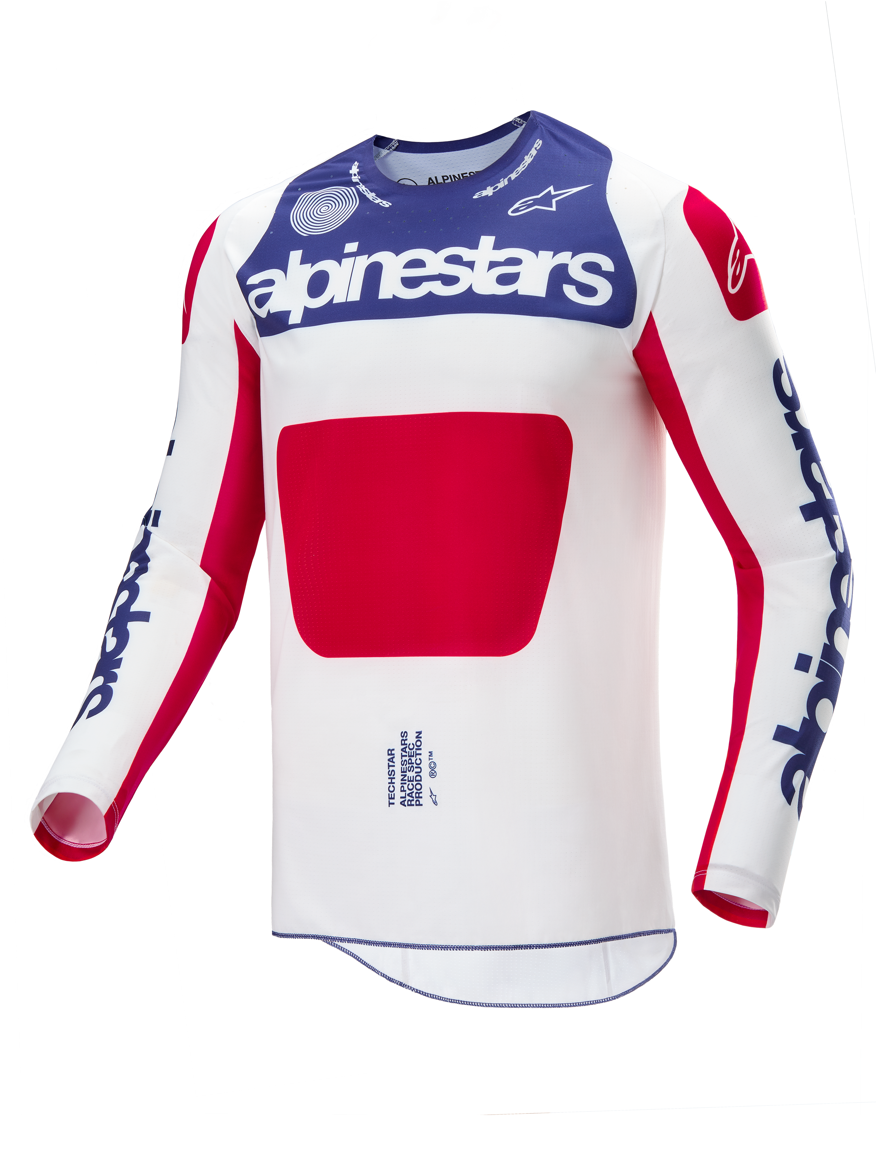 Alpinestars Maglia Techstar Fortitude Limited Edition, maglia da motocross, rosso, bianco e blu, caratterizzata da un corpo bianco con un grande pannello centrale rosso, sezione del petto blu con marchio Alpinestars bianco e loghi blu sulle maniche, progettata per prestazioni elevate nel fuoristrada.