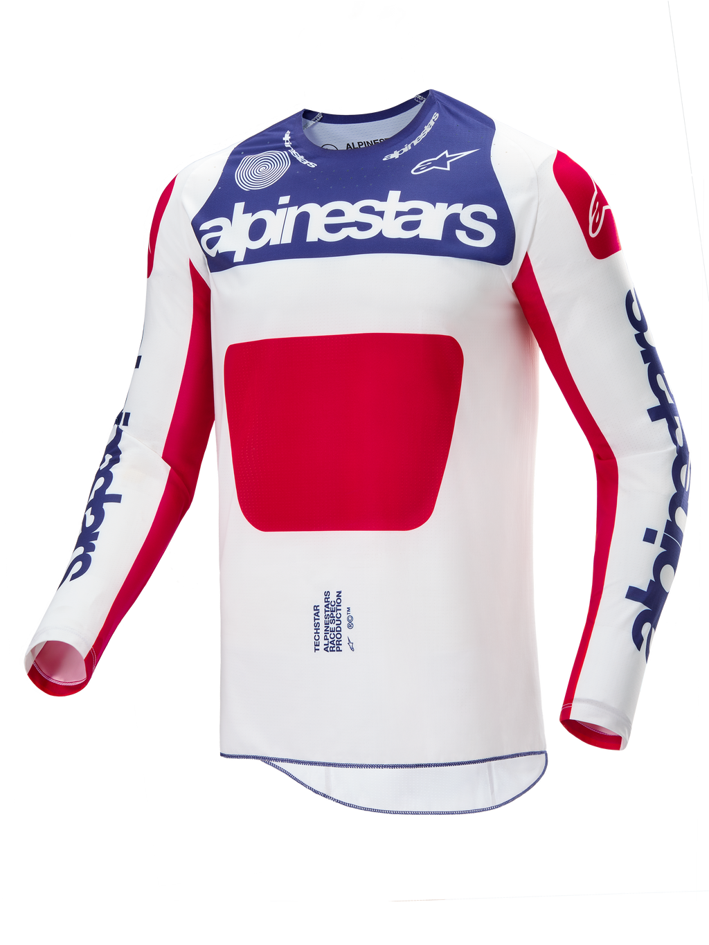 Alpinestars Maglia Techstar Fortitude Edizione Limitata, maglia da motocross, bianco, blu e rosso, corpo principale bianco con pannello blu sul petto e grafica rossa, loghi Alpinestars blu sulle maniche, design con vestibilità atletica da gara