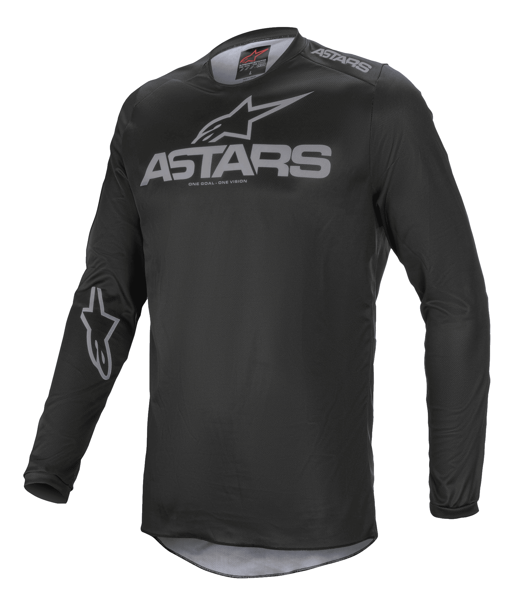 Maglia Alpinestars Fluid Graphite, maglia da motocross, nero e grigio scuro, con logo ASTARS grigio sul petto e sulla spalla, logo a stella sulla manica, costruzione in mesh tecnico a maniche lunghe per il fuoristrada