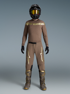 Alpinestars Maglia e Pantaloni Supertech Air Gold Edizione Limitata, completo motocross da uomo, marrone e oro, mesh ventilata con fori laser, vestibilità racing professionale.